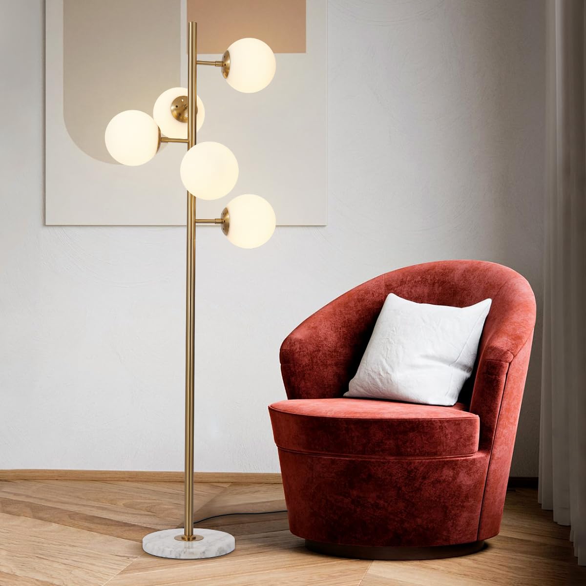 Lighting 5-Light Frosted White Glass Globe Floor Lamp Mid Century Modern Gold Tall Pole Standing Light LED Standing Lamps with Foot Switch for Home Office (Gold)