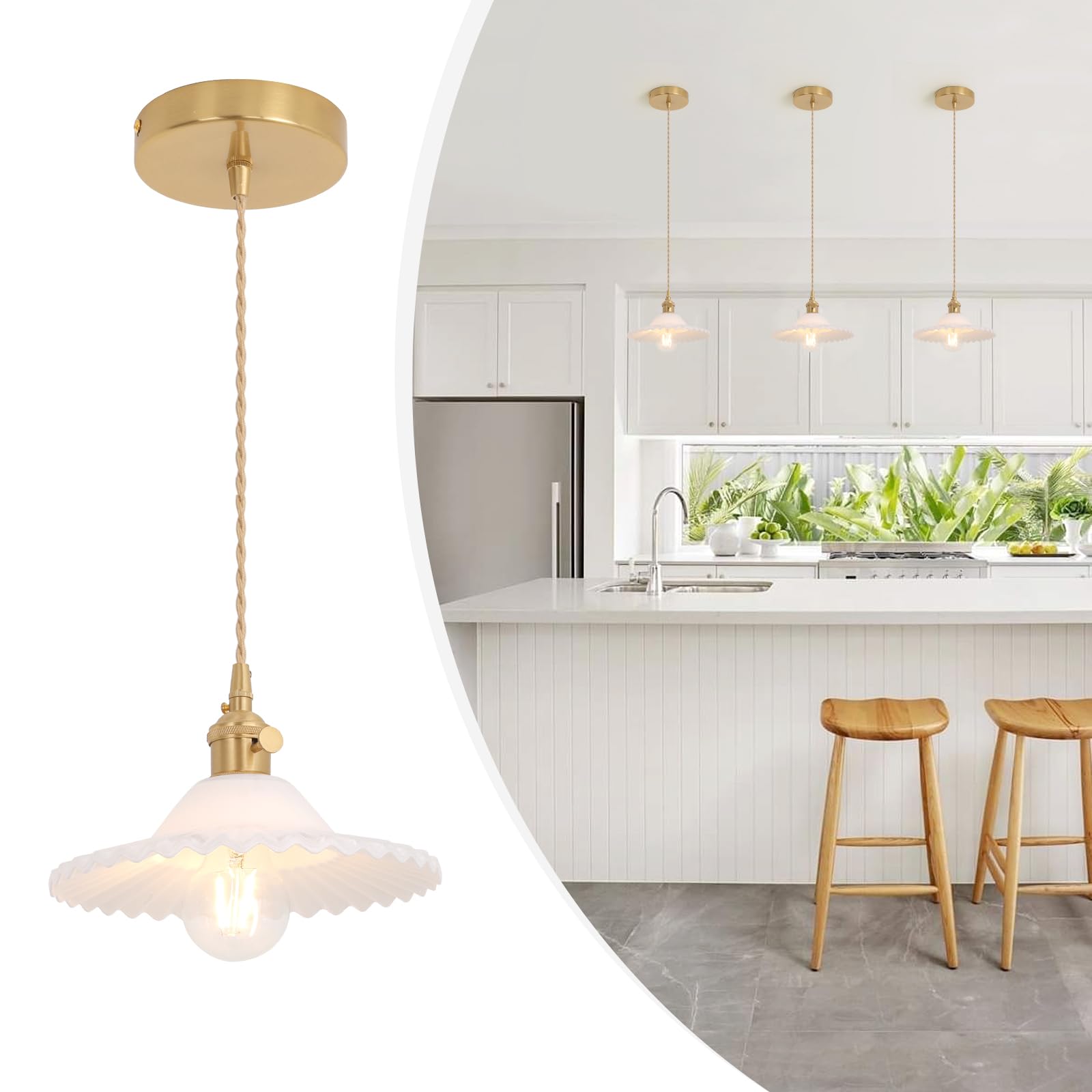 Pendant Light with White Pleated Ceramic Lmapshade, Brass Vintage Pendant Light Adjustable Hanging Light for Kitchen Island Dining Room Hallway 7.87 Inch Diam