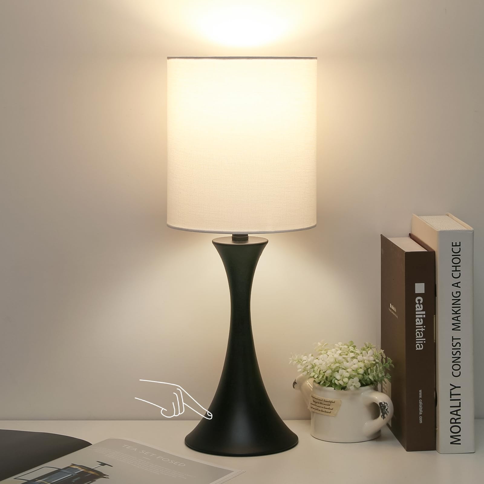 3 Way Touch Control Table Lamp, Dimmable Bedside Desk Lamp with Metal Base Modern Nightstand Lamp Stylish Grey Shade Simple Side Table Lamp for Bedroom, Living Room, Office or Den LED Bulb Included