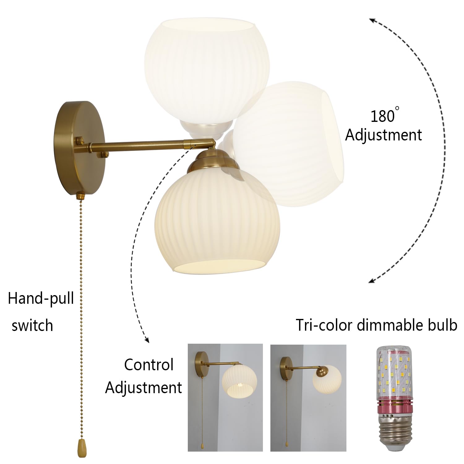 Gold Wall Sconce, mid Century Modern Sconce with Hand Pull Switch Indoor Wall Sconce for Bedroom Bedside Bathroom Kitchen Vanity Hallway Wall Mounted Light Fixture