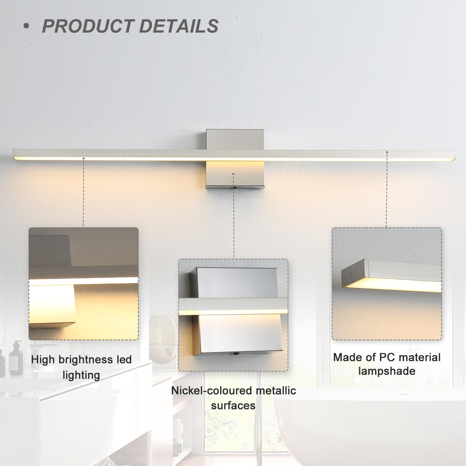 Gold Bathroom Light Fixtures Over Mirror, 20 Inch Brushed Brass Bathroom Vanity Light, LED Modern Wall Sconce 3000K Bar Vanity Lights for Bathroom Mirror Cabinets Bedroom