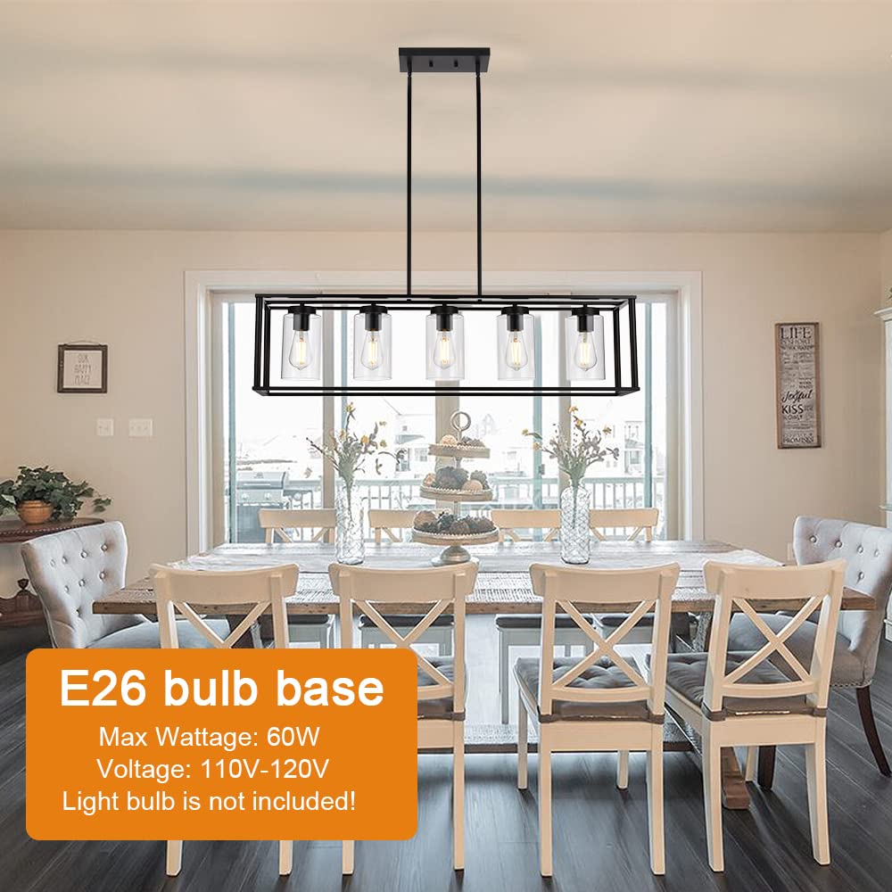 VINLUZ Contemporary Chandeliers Brushed Nickel 5 Light Modern Dining Room Lighting Fixtures Hanging, Kitchen Island Linear Pendant Lights Farmhouse Flush Mount Ceiling Light with Glass Shade