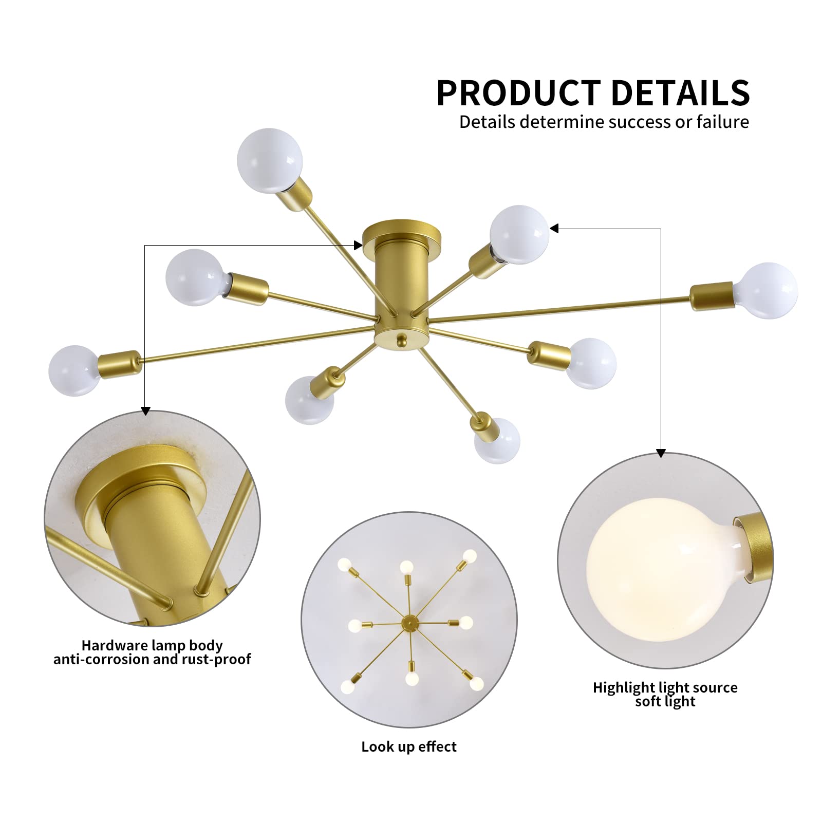 10 Lights Modern Sputnik Ceiling Chandelier Gold Industrial Ceiling Lamp Mid Century Semi Flush Mount Ceiling Light Fixture for Kitchen Dining Room Living Room Bedroom Foyer Lighting