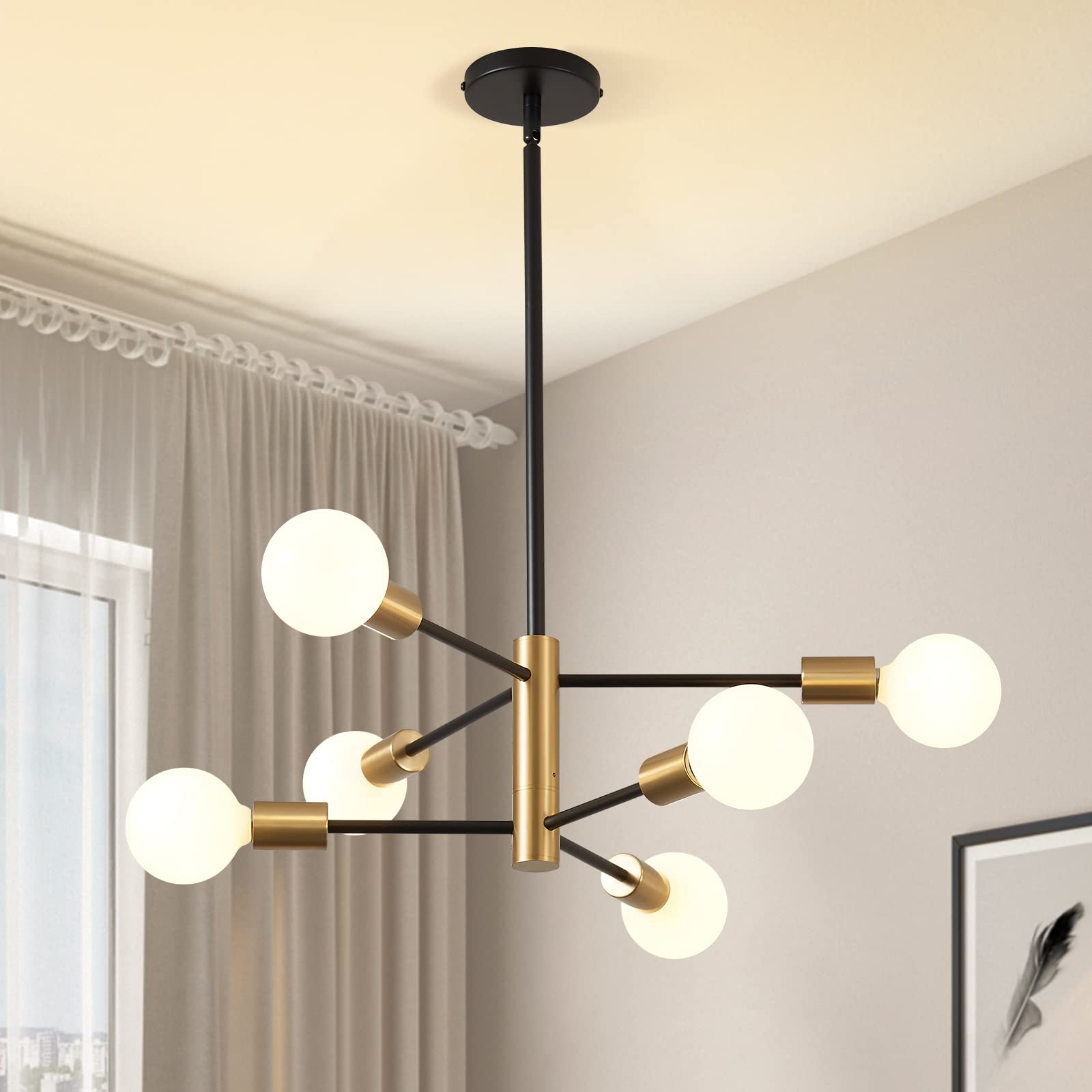 Sputnik Chandelier Modern Gold Chandelier 6-Light E26 Mid Century Ceiling Light Fixture Height Adjustable Hanging Pendant Lighting for Dining Room Kitchen Island Bedroom Office