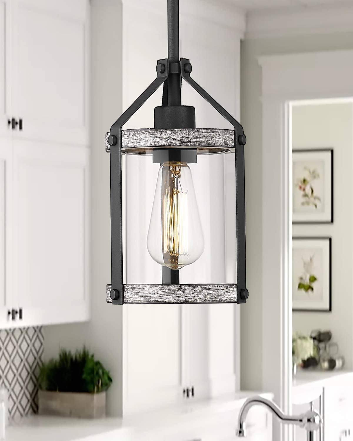 Pendant Light Fixtures, Farmhouse Wood and Glass Pendant Lighting for Kitchen Island, Rustic Length Adjustable MD89437