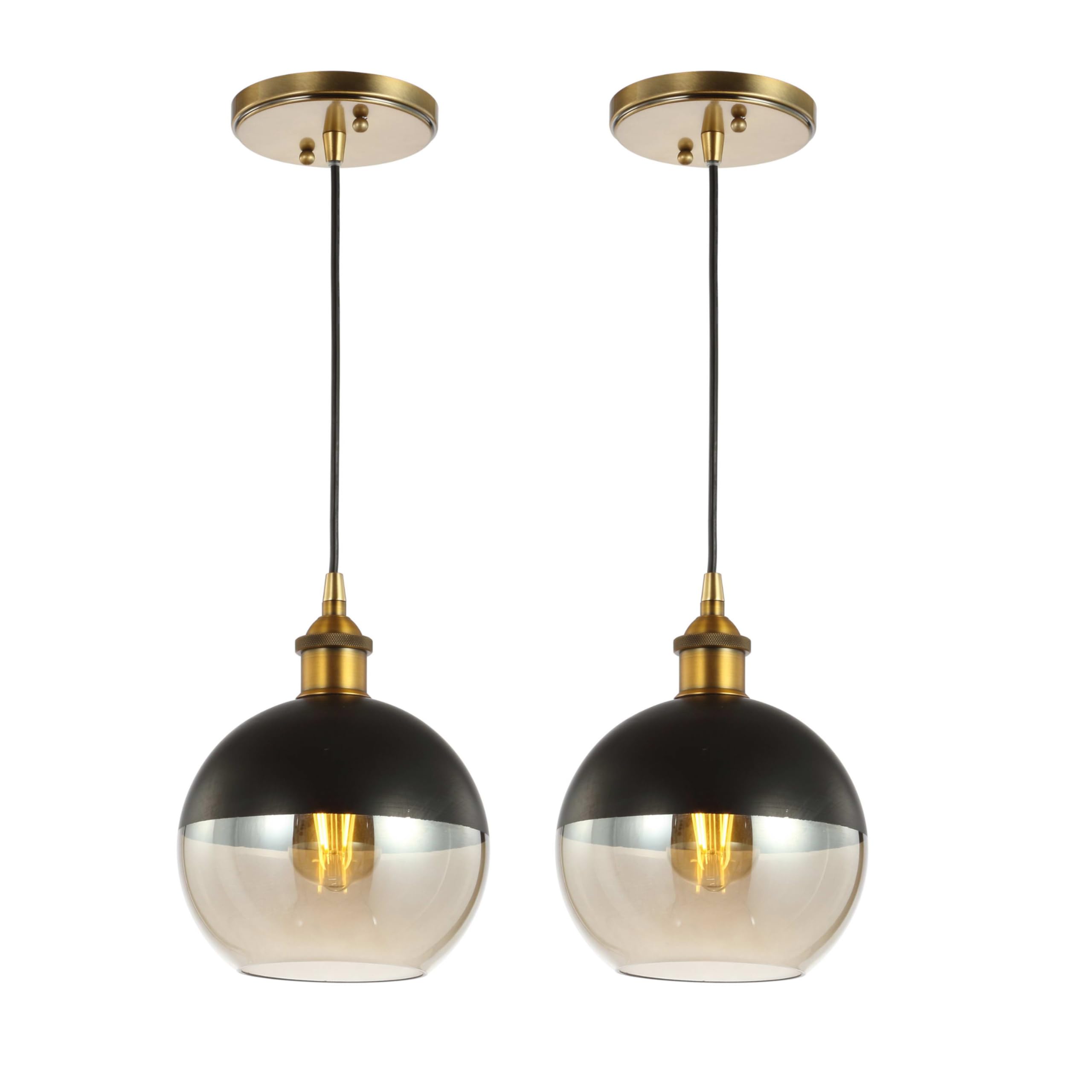 7.5" Adjustable Drop Globe Metal/Glass LED Pendant Contemporary Transitional Dimmable Dining Room Living Room Kitchen Foyer Bedroom Hallway, Brass Gold/Black