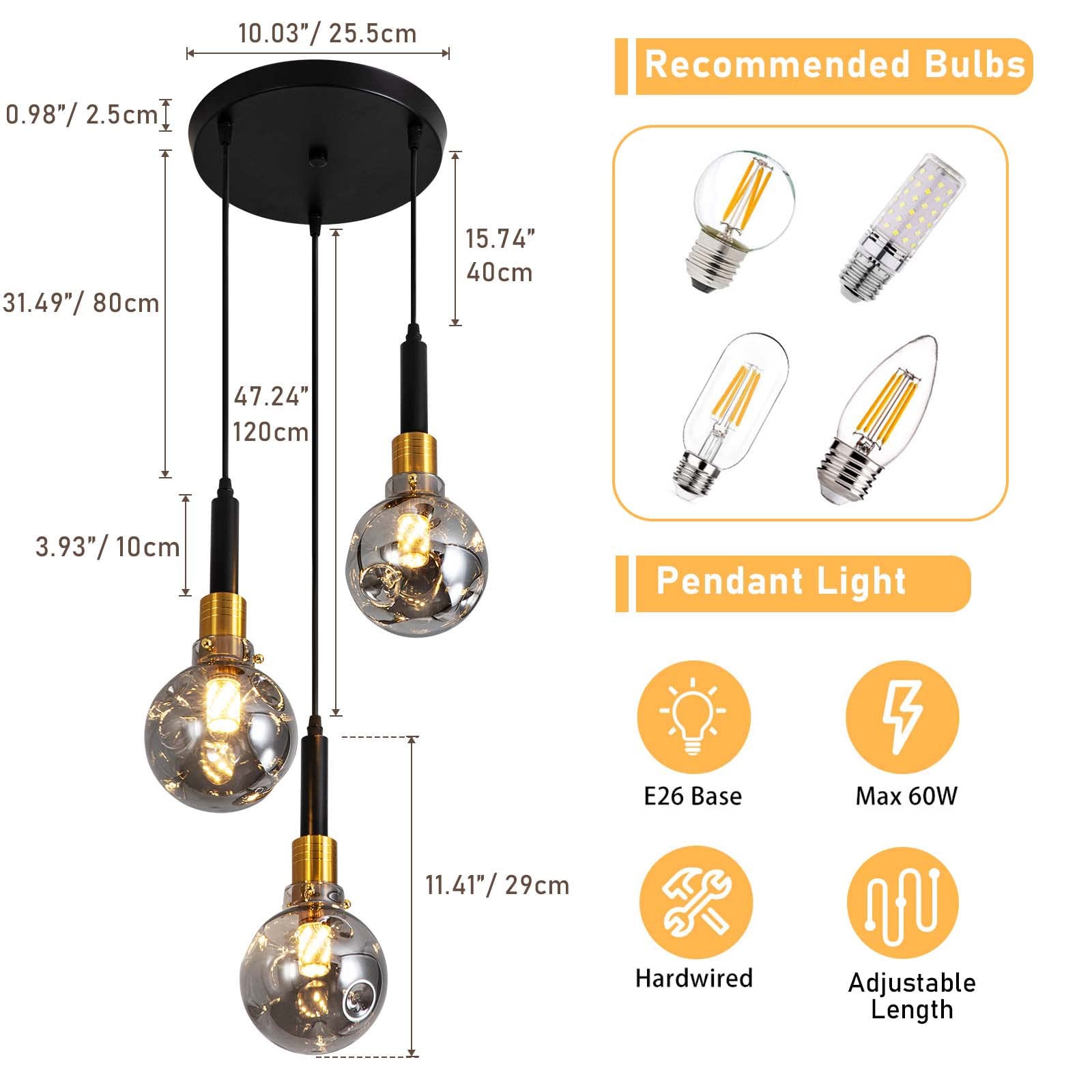 Vintage 3-Light Pendant Light, Modern Adjustable Hanging Light Fixture with Smoke Grey Glass Shade, E26 Base, Farmhouse Pendant Lamp for Kitchen Dining Room, Black and Gold