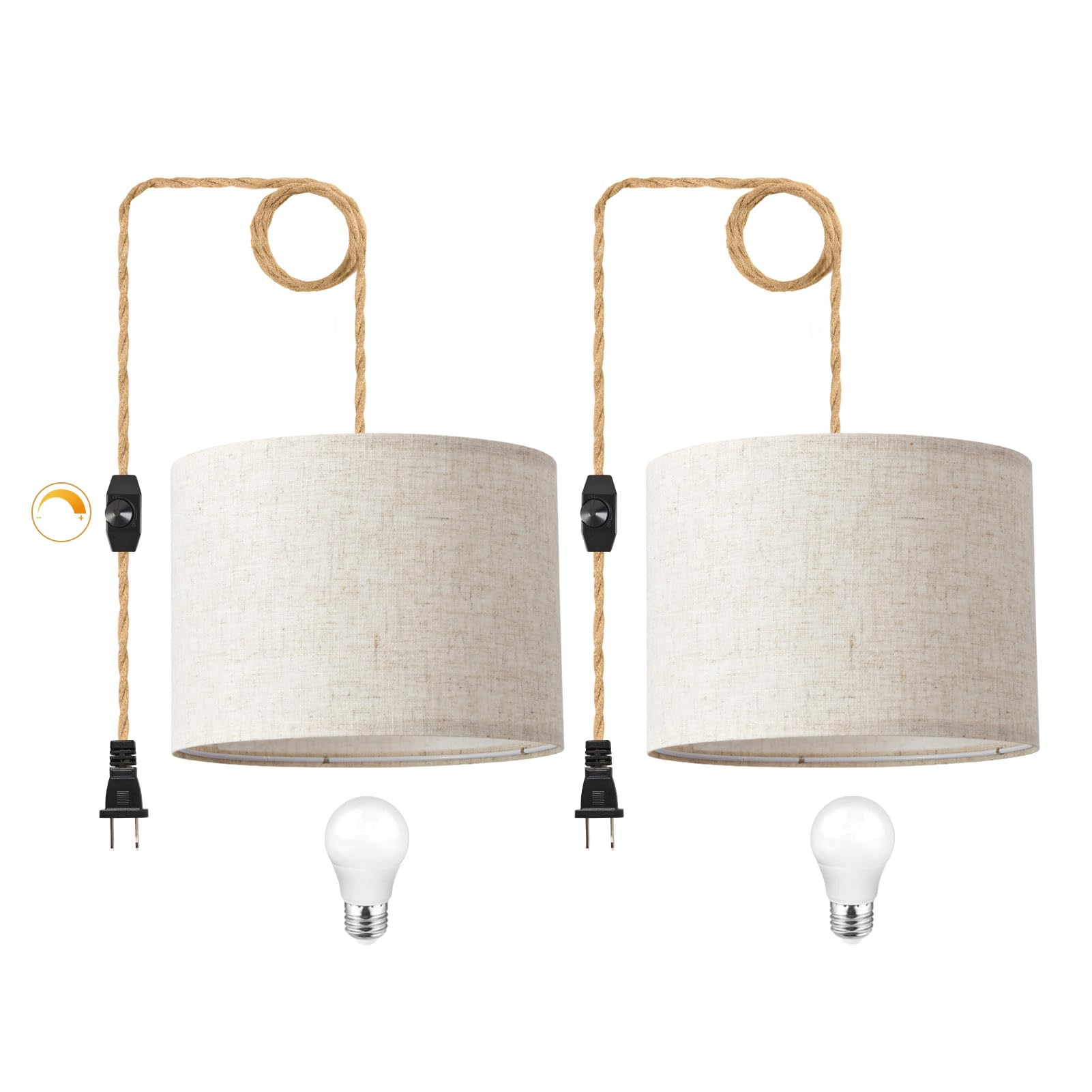 Plug in Pendant Light, Hanging Light with Plug in Cord with Dimmable Switch, Hanging Lamp with 15ft Hemp Rope, Beige Linen Shade, Hanging Light Fixture for Bedroom, Living Room 2 Pack