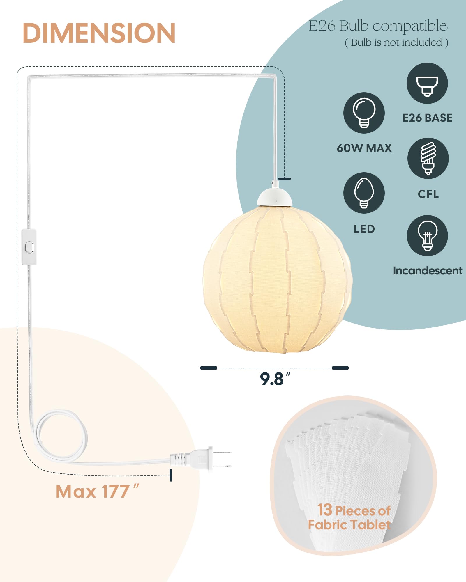 3-Light Pendant Light, DIY Cluster Chandelier, Linen Kitchen Island Light Fixture, White Hanging Lighting Fixture with Fabric Lamp Shade, Pendant Light DIY kit, KR3364-WT-1PK