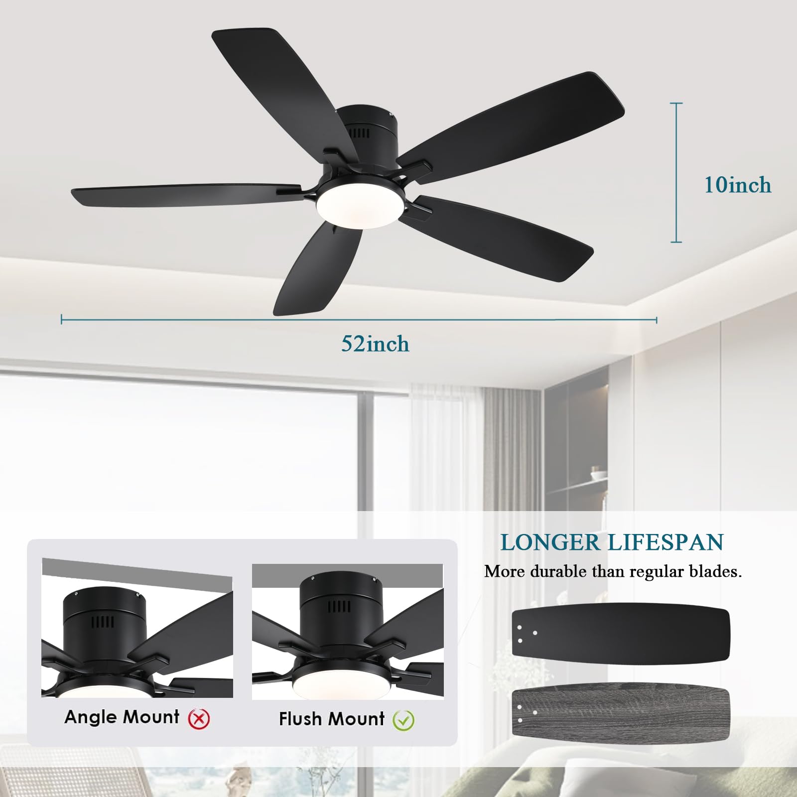 Ceiling Fans with Lights, 52 inch Low Profile Ceiling Fan with Light and Remote Control, Flush Mount, Reversible Motor, Dimmable, Noiseless, White Ceiling Fan for Bedroom, Indoor/Outdoor Use