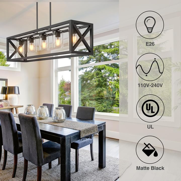 Farmhouse Chandelier Rectangle Black, 5 Light Kitchen Island Cage Linear Pendant Lights Industrial Ceiling Light with Glass Shade & Adjustable Rods, Dining Room Lighting Fixtures over Table