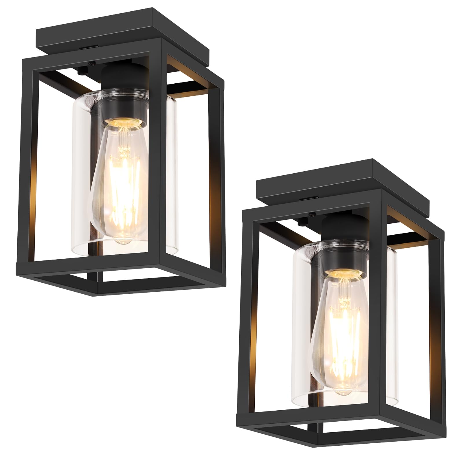 Semi Flush Mount Ceiling Light Fixture, Black Metal Frame Porch Ceiling Light Fixture with Clear Glass Shade and E26 Ceramic Base, Farmhouse Light Fixtures for Kitchen Entryway Foyer