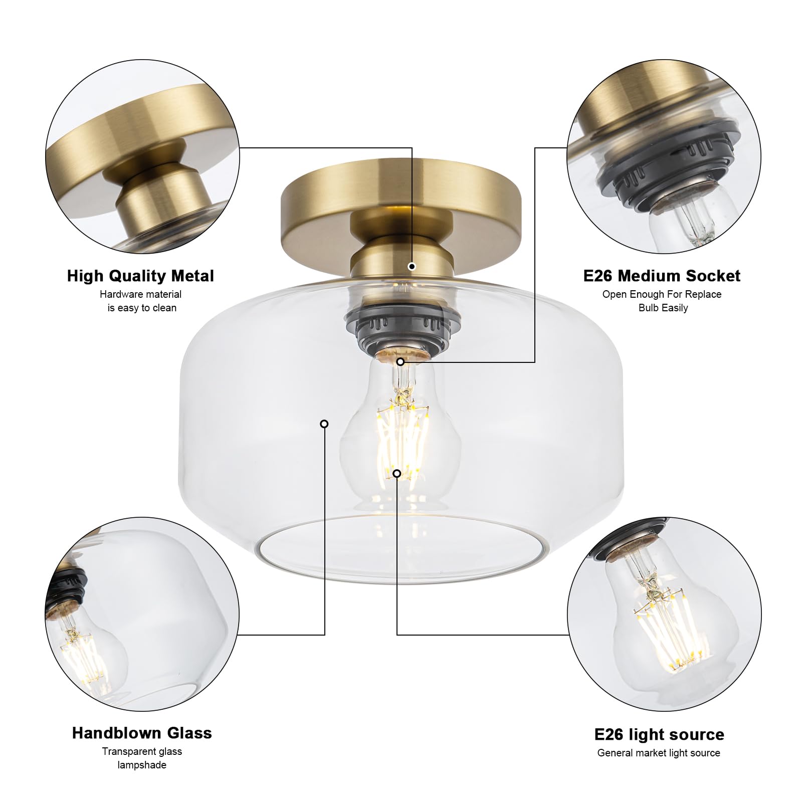 semi Flush Mount Ceiling Light Fixture with Textured Glass Brass Metal Base Includes 1200 lumens LED Bulbs Gold Hallway Light Fixtures Modern Ceiling Light Suitable for entryway Bathroom