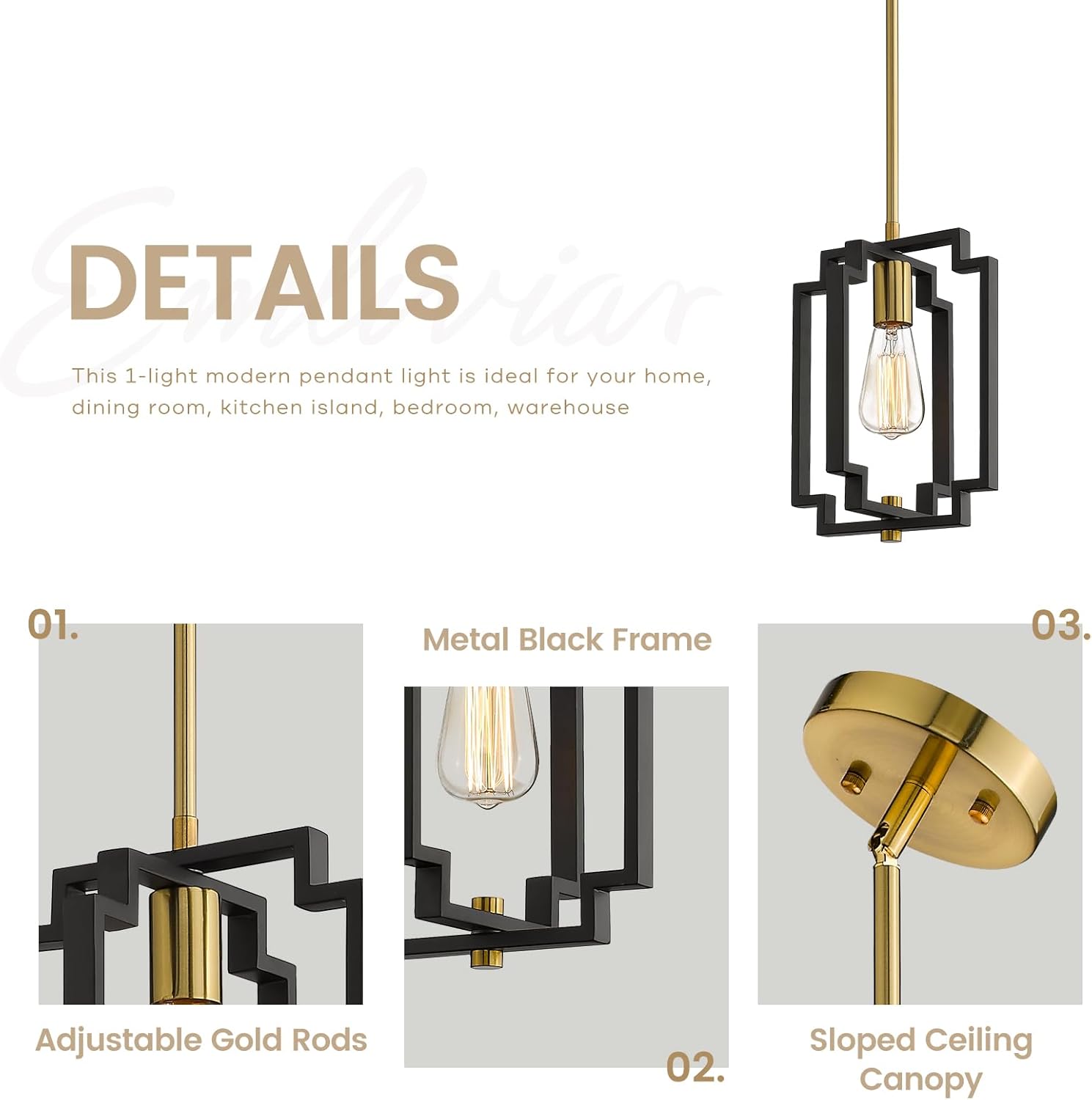 Industrial Pendant Light, 1-Light Kitchen Hanging Light Fixture Adjustable, Black and Gold Finish, JE1981M1L BK+G