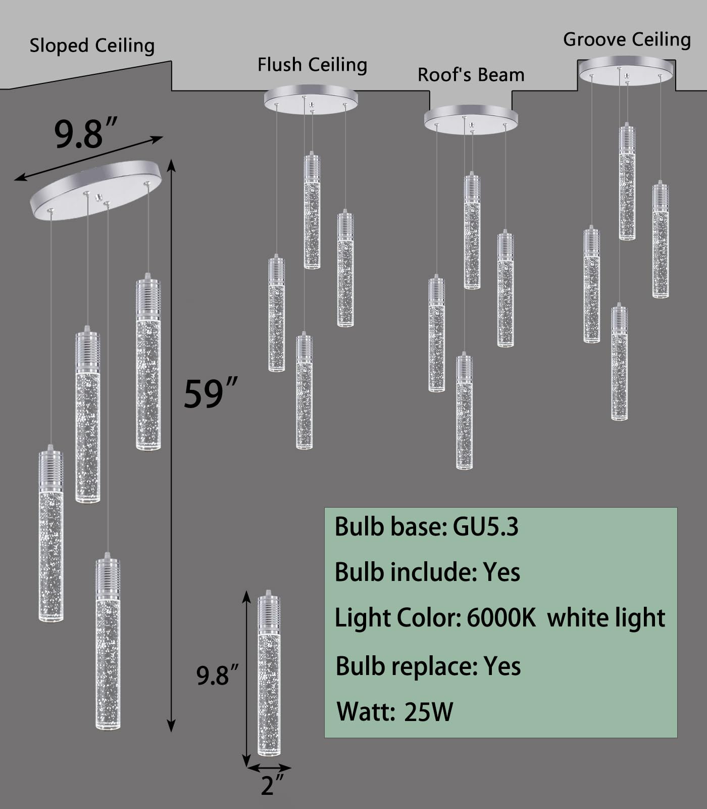 3 Lights Independent Kitchen Island Dining Room Light Pendant Light Fixtures Bubble Crystal Chandeliers Modern Kitchen Island Lighting Chandeliers Fixtures LED Lampara, 6000K LED Bulbs Included