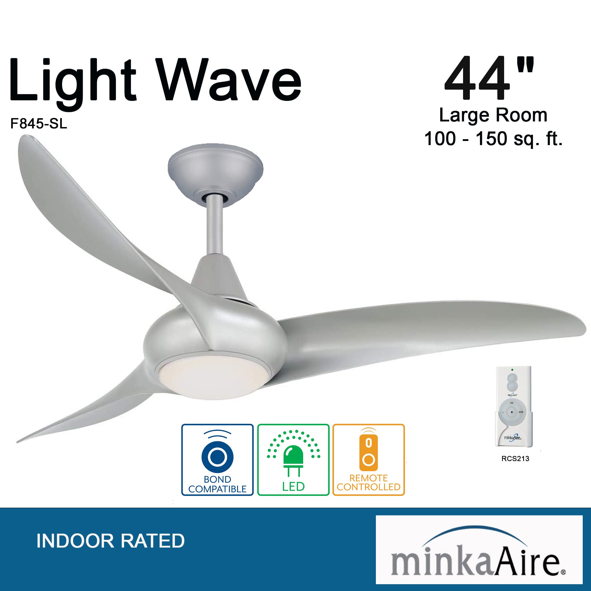 44" Ceiling Fan with LED Light and Remote Control in Silver Finish