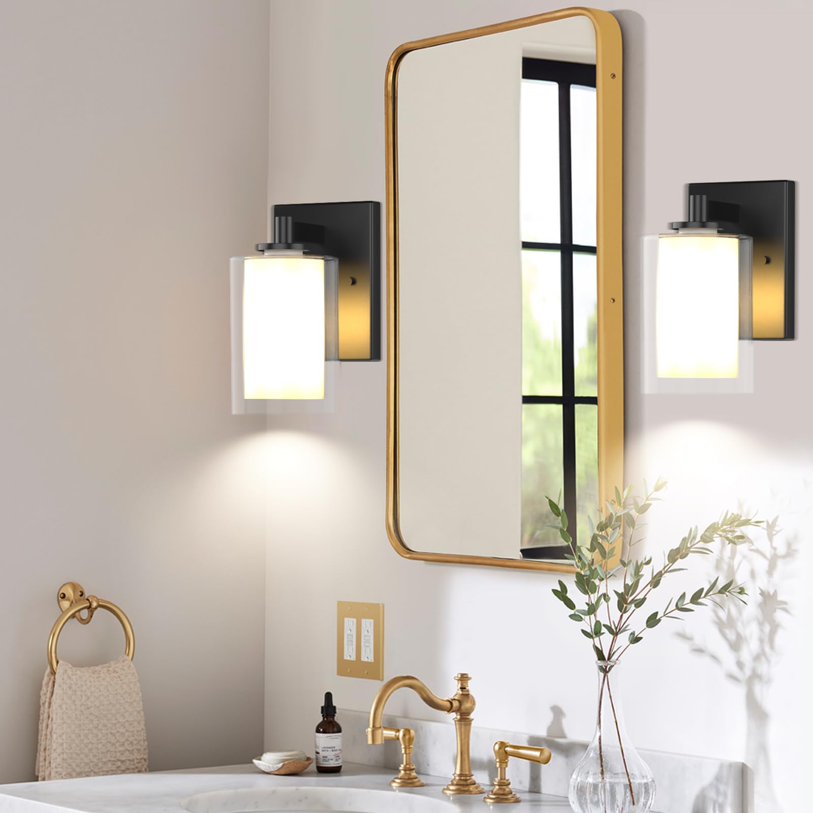 Wall Sconces Set of 2 Modern Vanity Lights with Double Clear Glass Shade Matte Black Indoor Farmhouse Wall Lights for Bathroom Living Room Bedroom Hallway Bulb E26 Base (Bulbs Not Included)