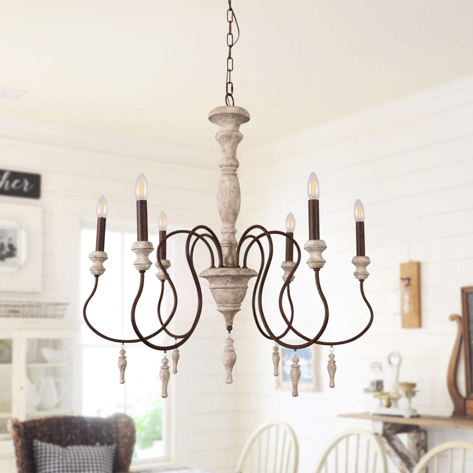 Rustic Wood Chandelier with 6 Candle Light, Royal French Country Wooden Chandelier Farmhouse Styel, Adjustable