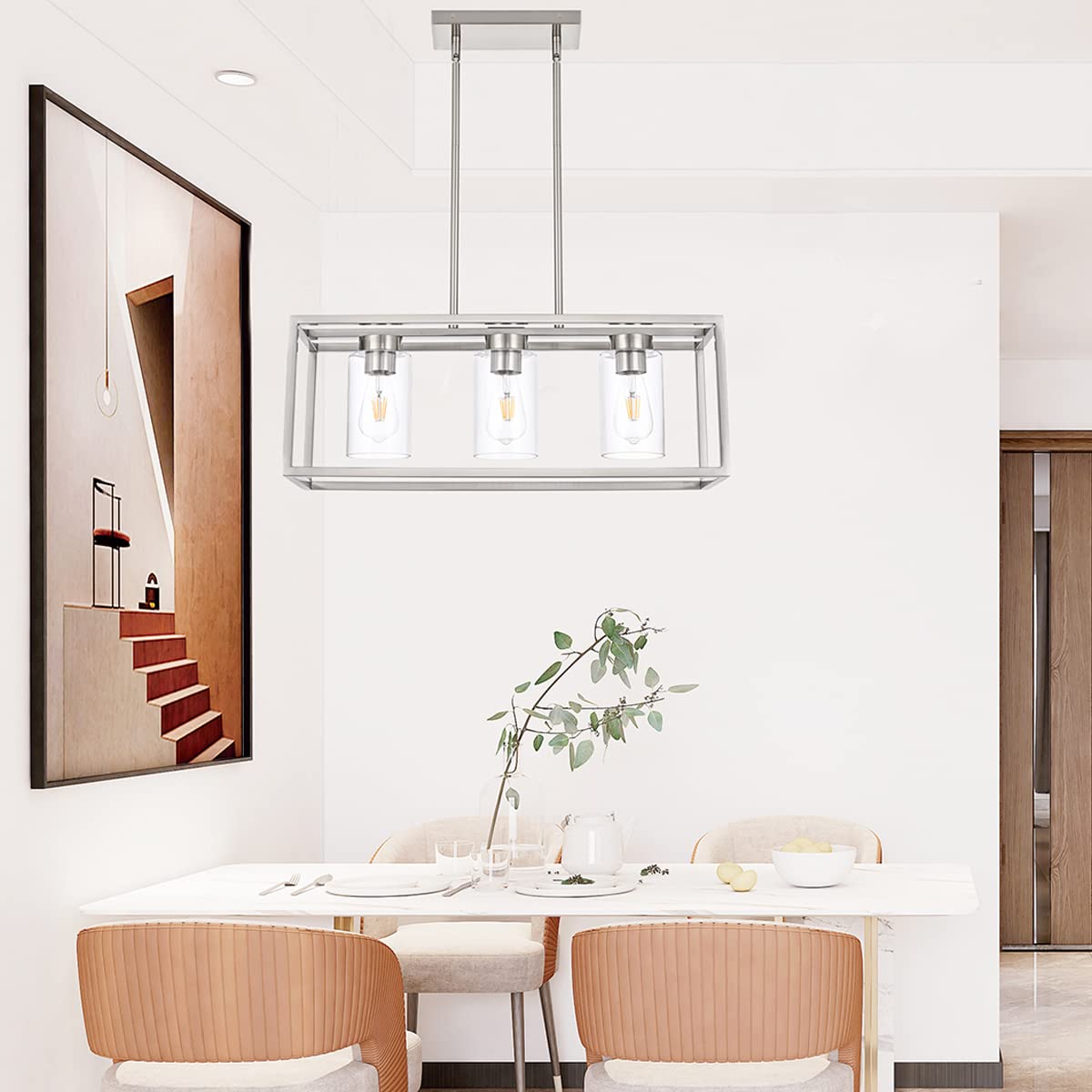 Farmhouse Chandelier for Kitchen Island, Matte Black 5-Light Dining Room Lighting Fixtures, Modern Rectangular Pendant Lighting Chandelier with Clear Glass Shade