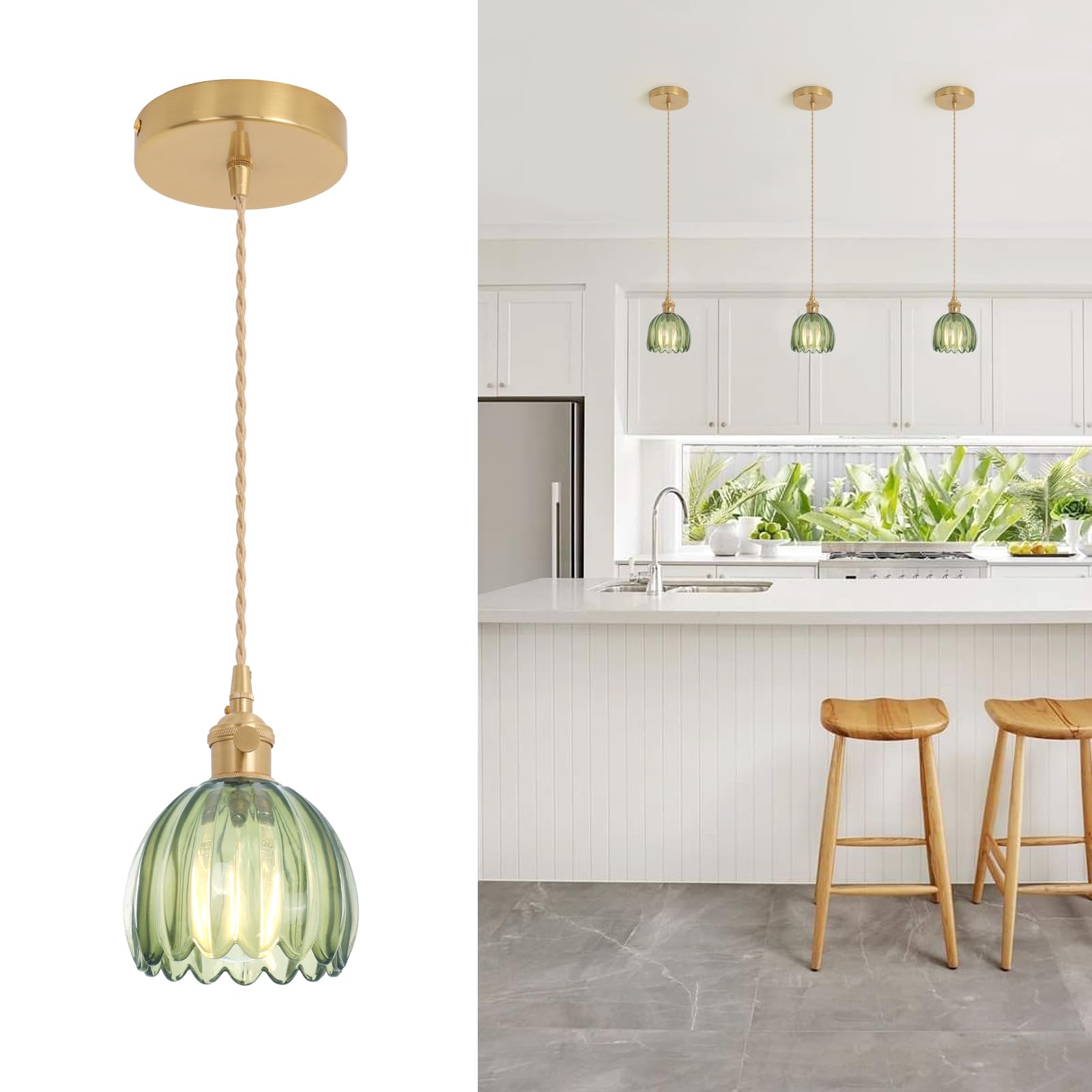 Pendant Light with White Pleated Ceramic Lmapshade, Brass Vintage Pendant Light Adjustable Hanging Light for Kitchen Island Dining Room Hallway 7.87 Inch Diam