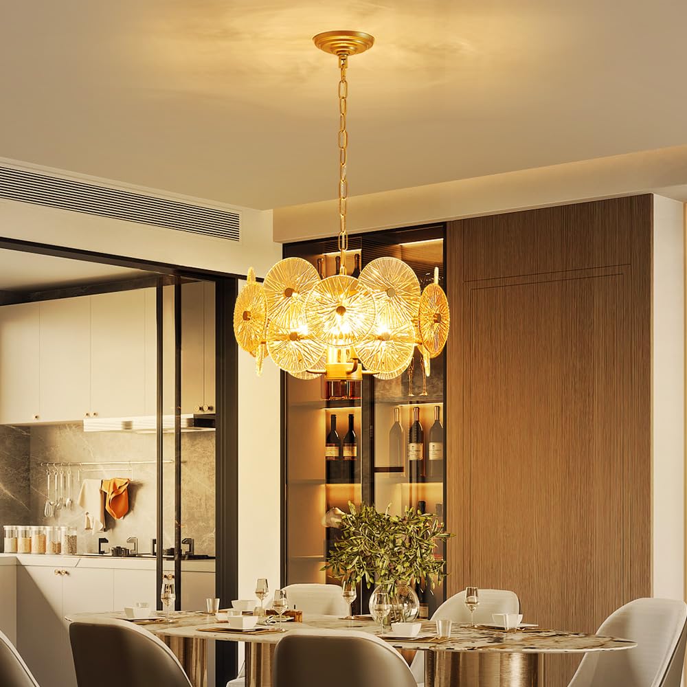 Dandelion Crystal Chandeliers, Modern Design, Firework Pendant Light Fixture for Living Space, H17'' x D17'', Adjustable Chains 59'', G9*9 Sockets, Brilliant Gold Finish Frame