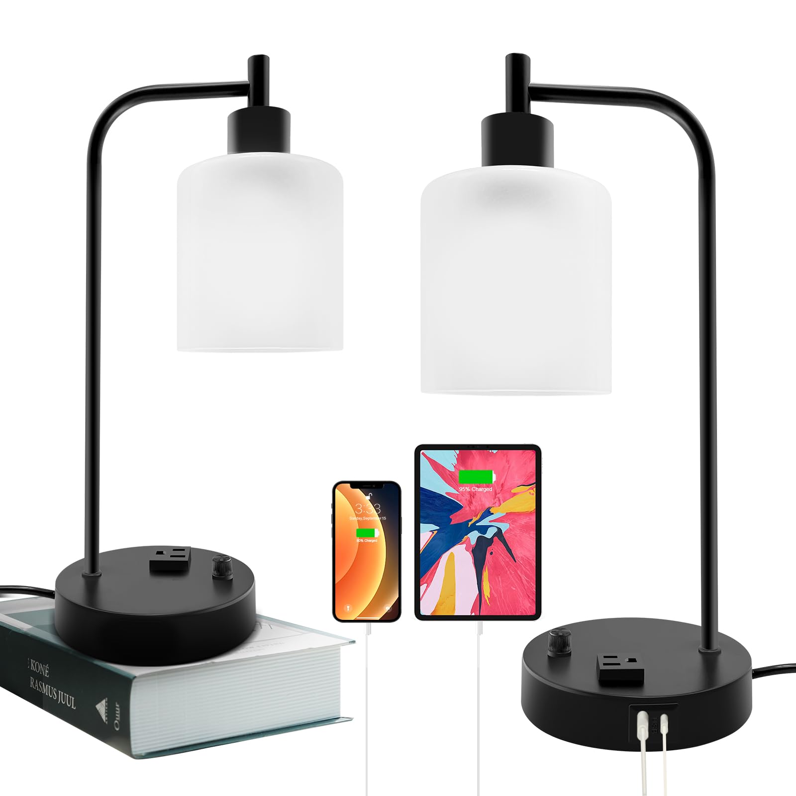 Industrial Table Lamp, Stepless Dimmable Gold Desk Lamp with 2 USB Ports and AC Power Outlet, Frosted GlassShade, Eye-Caring Bedside Nightstand Lamps(Some of The knobs are defective)