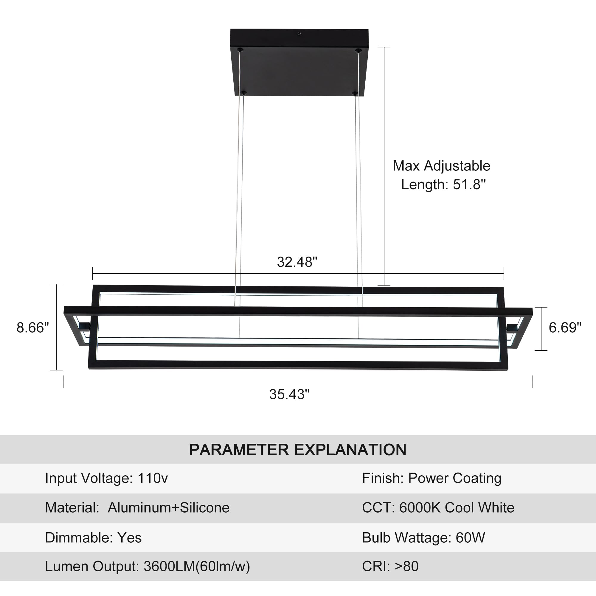 Modern LED Chandelier Linear Rectangle Chandelier Dimmable 35.4” Kitchen Island Lighting, Contemporary Hanging Linear Led Pendant Chandelier Light Fixture for Dining Room Hallway Bar Black