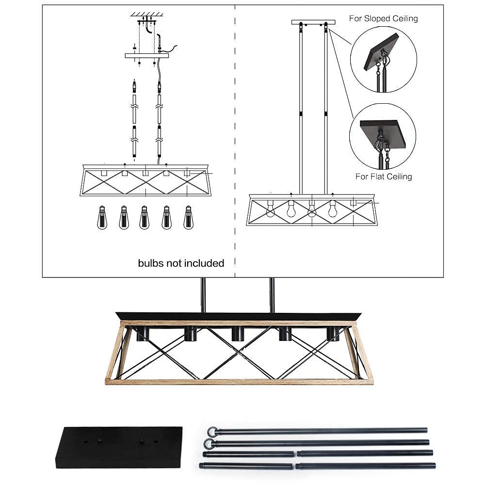 Farmhouse Chandeliers for Dining Room, Rustic Kitchen Island Light Fixture, 5-Light Linear Pendant Lighting Rectangular Chandelier, Metal Solid Ceiling Lights Black