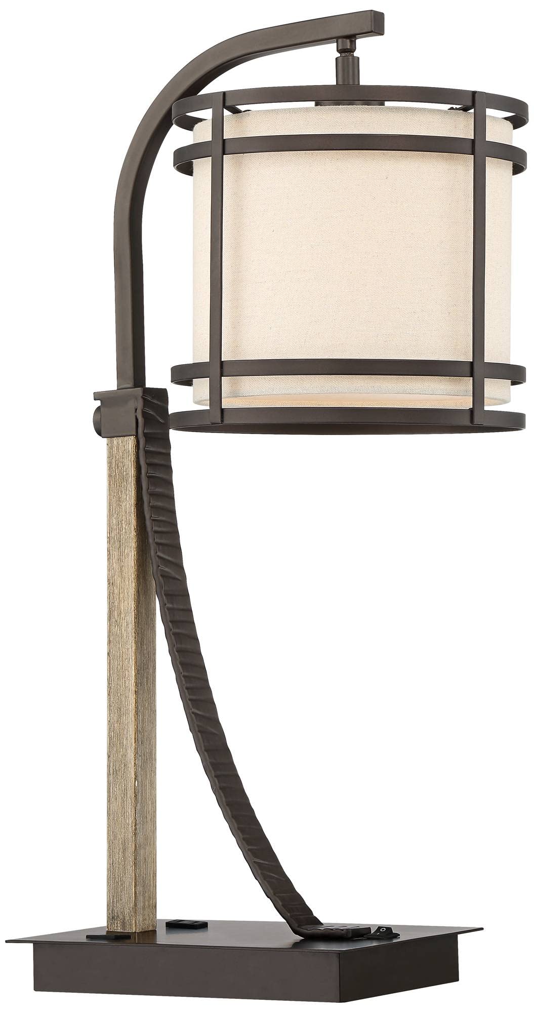 Industrial Desk Table Lamp 22" High with USB and AC Power Outlet in Base Oil Rubbed Bronze Faux Wood Metal Cage Oatmeal Drum Shade for Bedroom Living Room House Desk