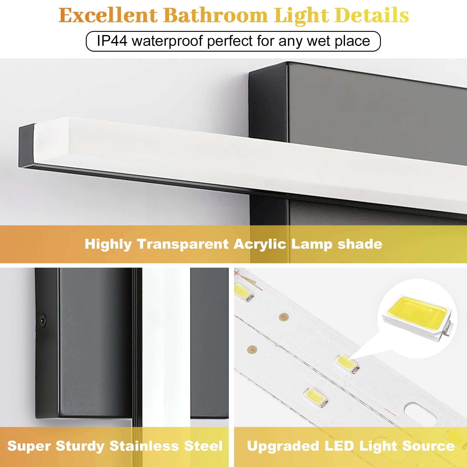 LED Bathroom Vanity Light Bar 16 Inch 9W Black IP44 Over Mirror Lighting Fixture Wall Sconce Indoor Modern Cool White 6000K