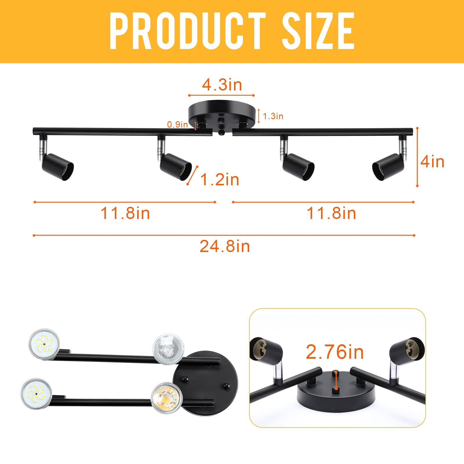 Track Lighting Kit, 4 Head Foldable Ceiling Spot Light with GU10 Socket for Kitchen Hallyway Bedroom Fixture Directional Accent Lamp