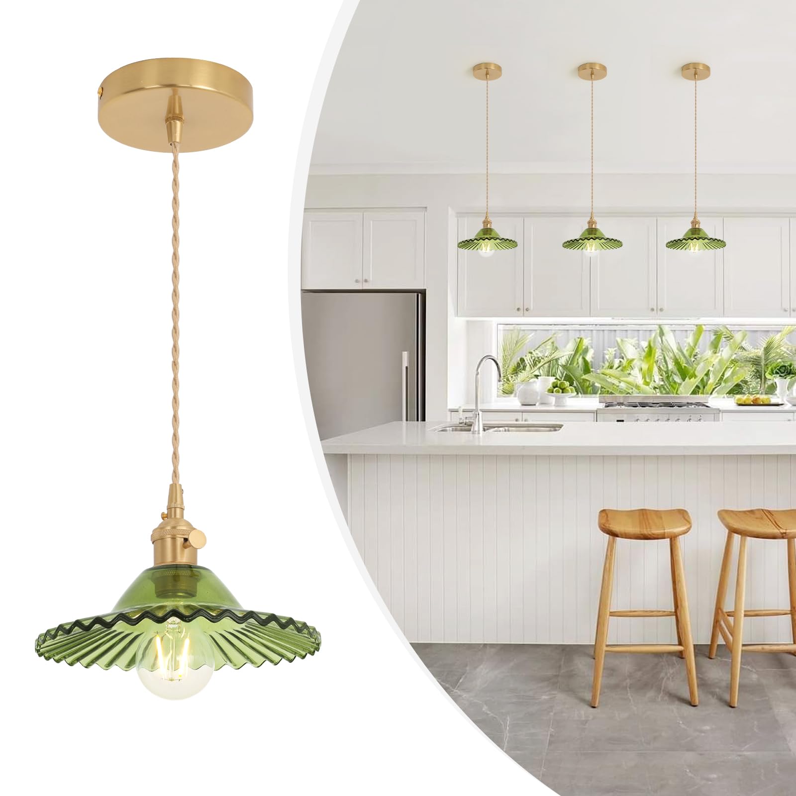 Pendant Light with White Pleated Ceramic Lmapshade, Brass Vintage Pendant Light Adjustable Hanging Light for Kitchen Island Dining Room Hallway 7.87 Inch Diam