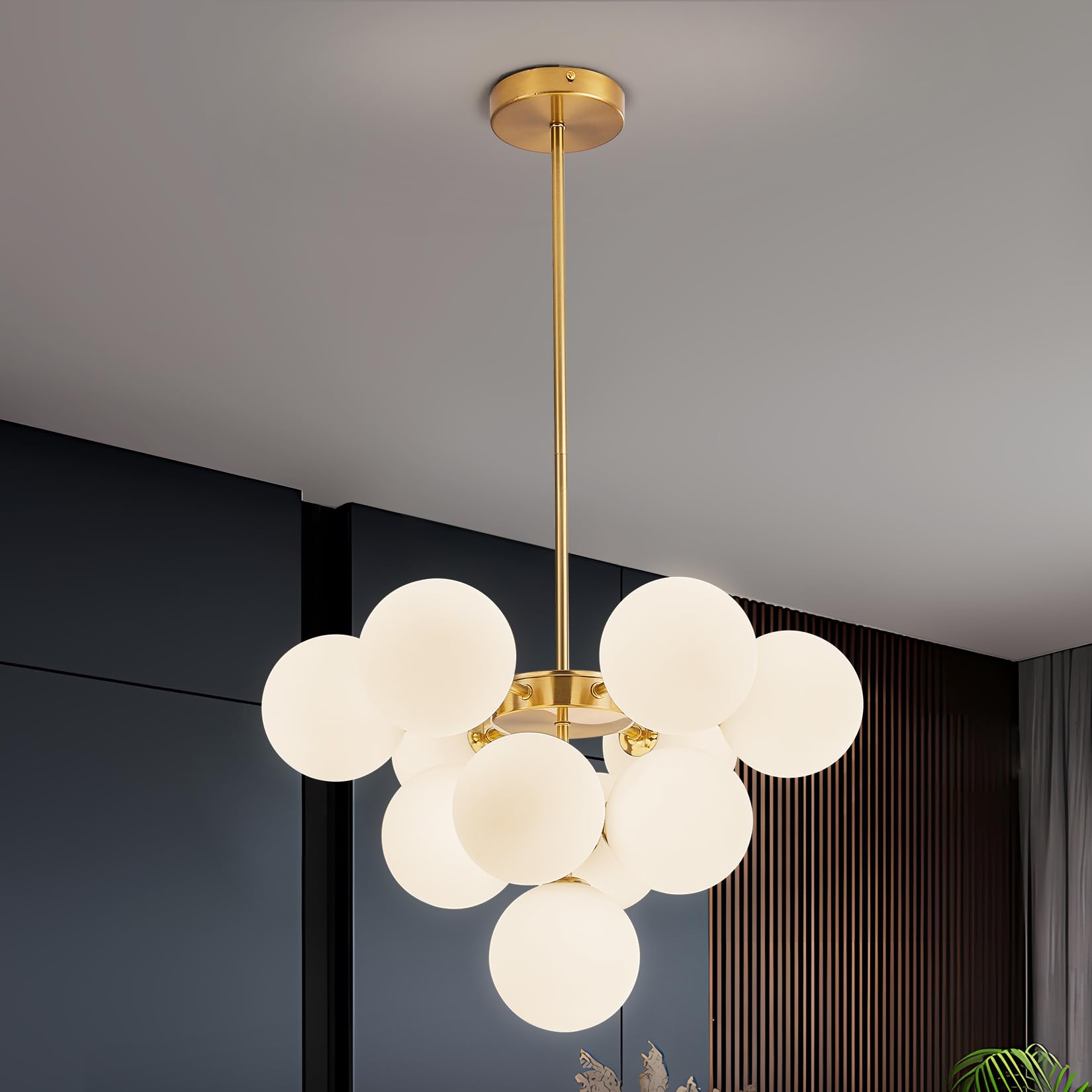 Modern Globe Gold Chandelier - 3.9in Glass Shape Sputnik Ceiling Light Fixture, Mid Century Bubble Dining Room Pendant Light, Hanging Brass Island Light for Kitchen Bedroom Entryway Over Table