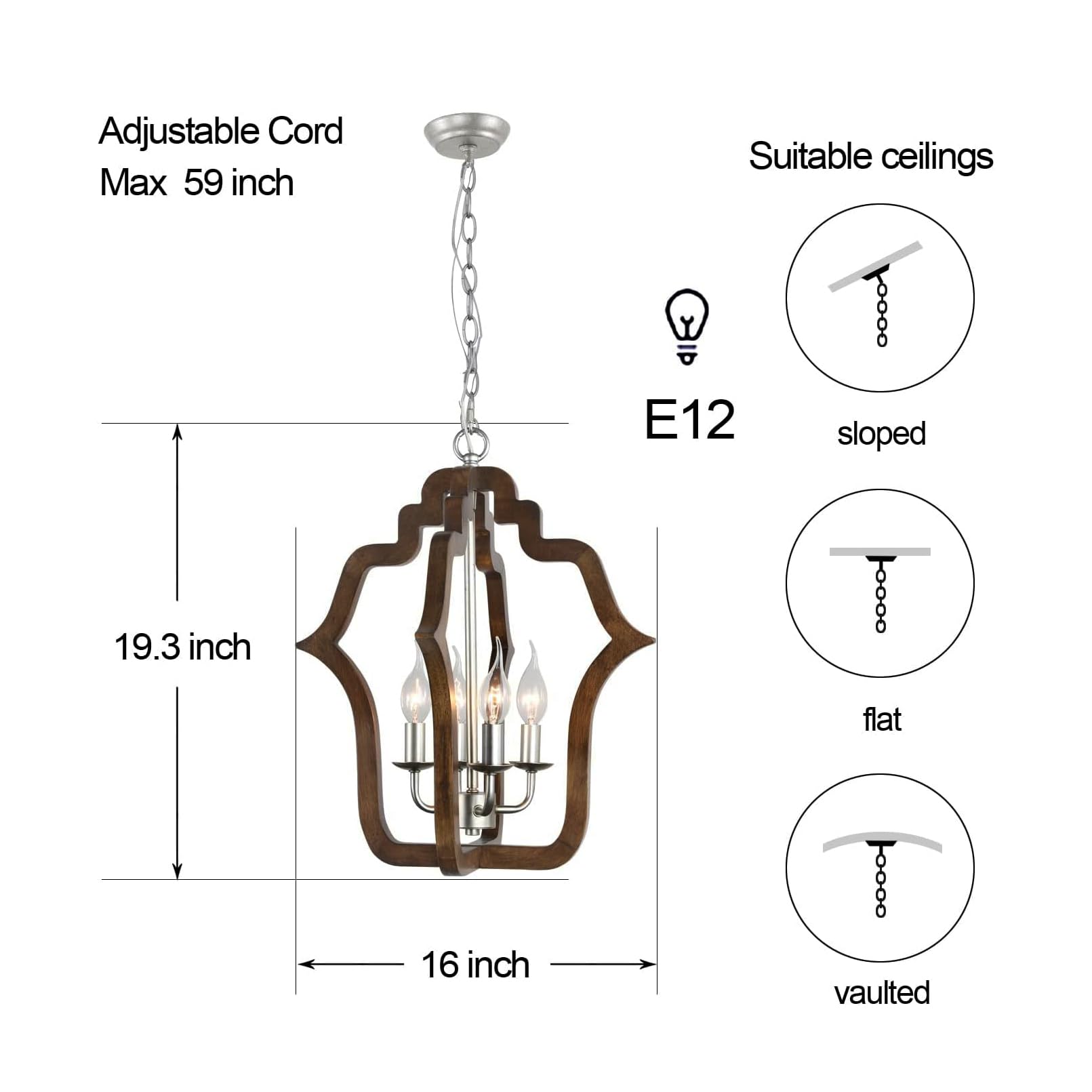 2024 New Antique Wood Farmhouse Chandelier, 4 Light Vase Shape Distressed French Country Wooden Pendant Light, Coastal Hanging Rustic Orb Chandeliers for Dining Room Kitchen Island Bedroom Foyer Entry