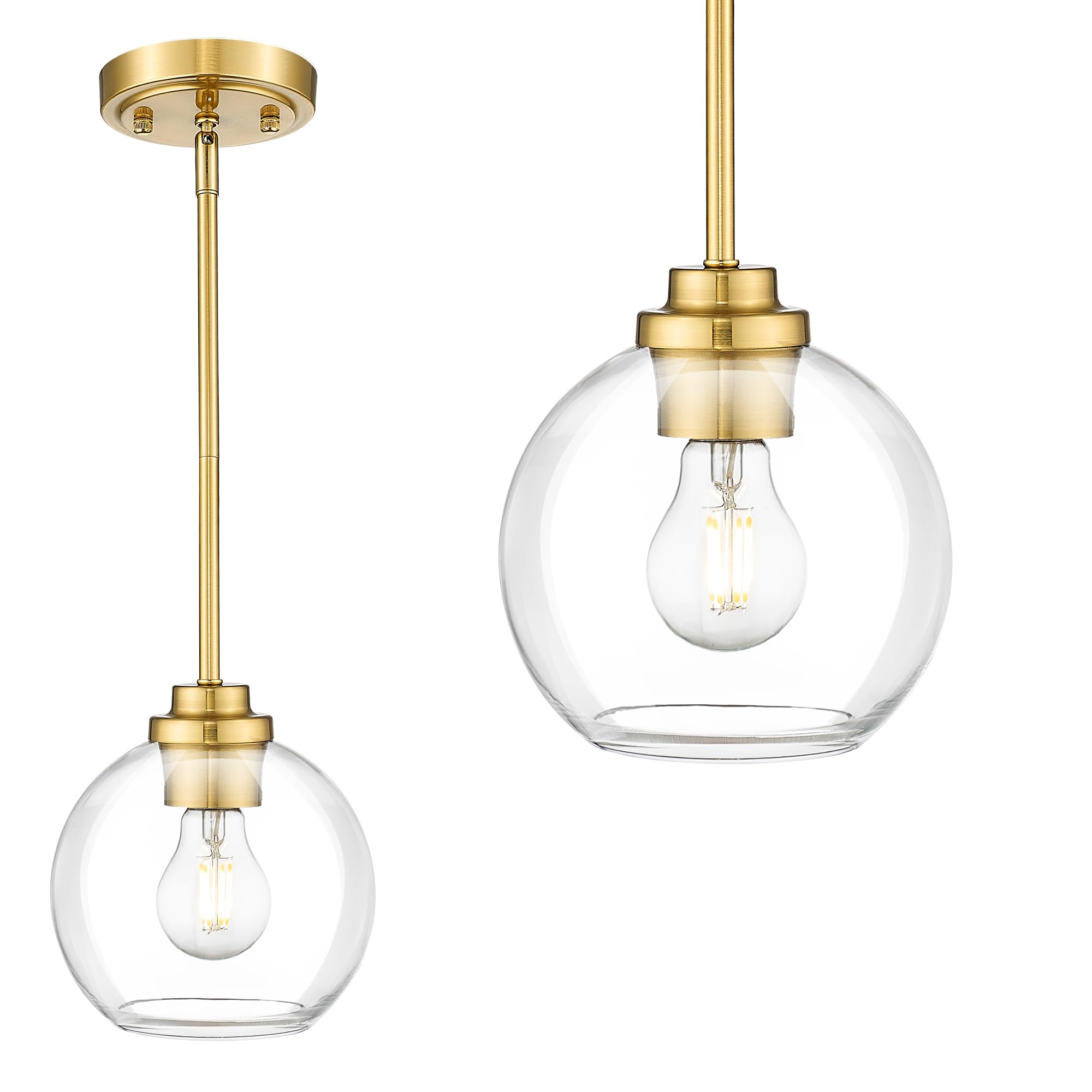 Modern Polished Gold Pendant Light, Mid Century Globe Hanging Light Fixture with Clear Glass for Kitchen Island Dining Room Bedroom Hallway Foyer (2 Pack), PL101BG-2PK