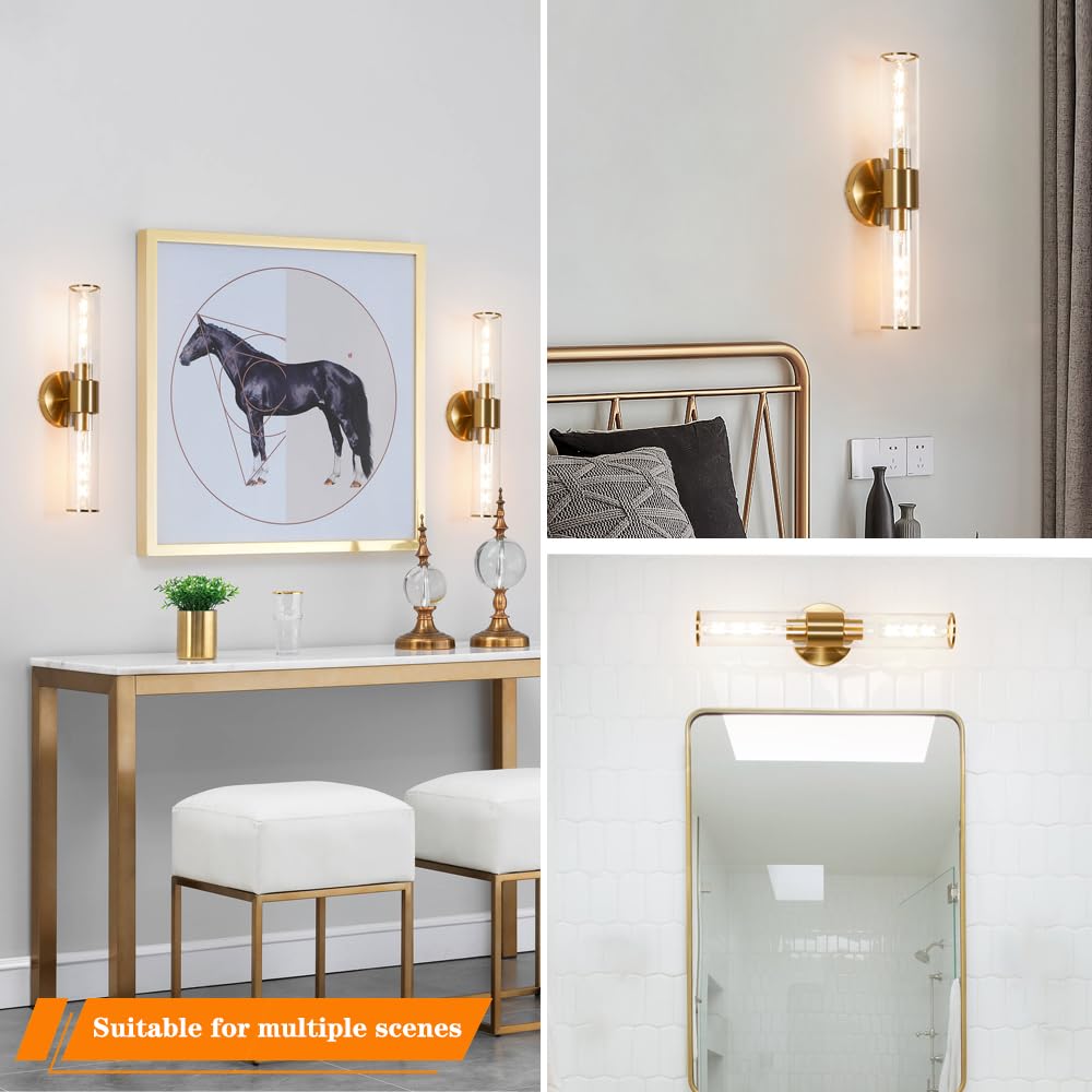 Wall Sconces Set of 2, Brass Sconce Wall Lighting, Brushed Gold Bathroom Wall Vanity Light Fixture, Modern Wall Light Set of Two, Indoor Wall Lamp for Mirror, Cylinder Sconce for Bathroom Bedroom