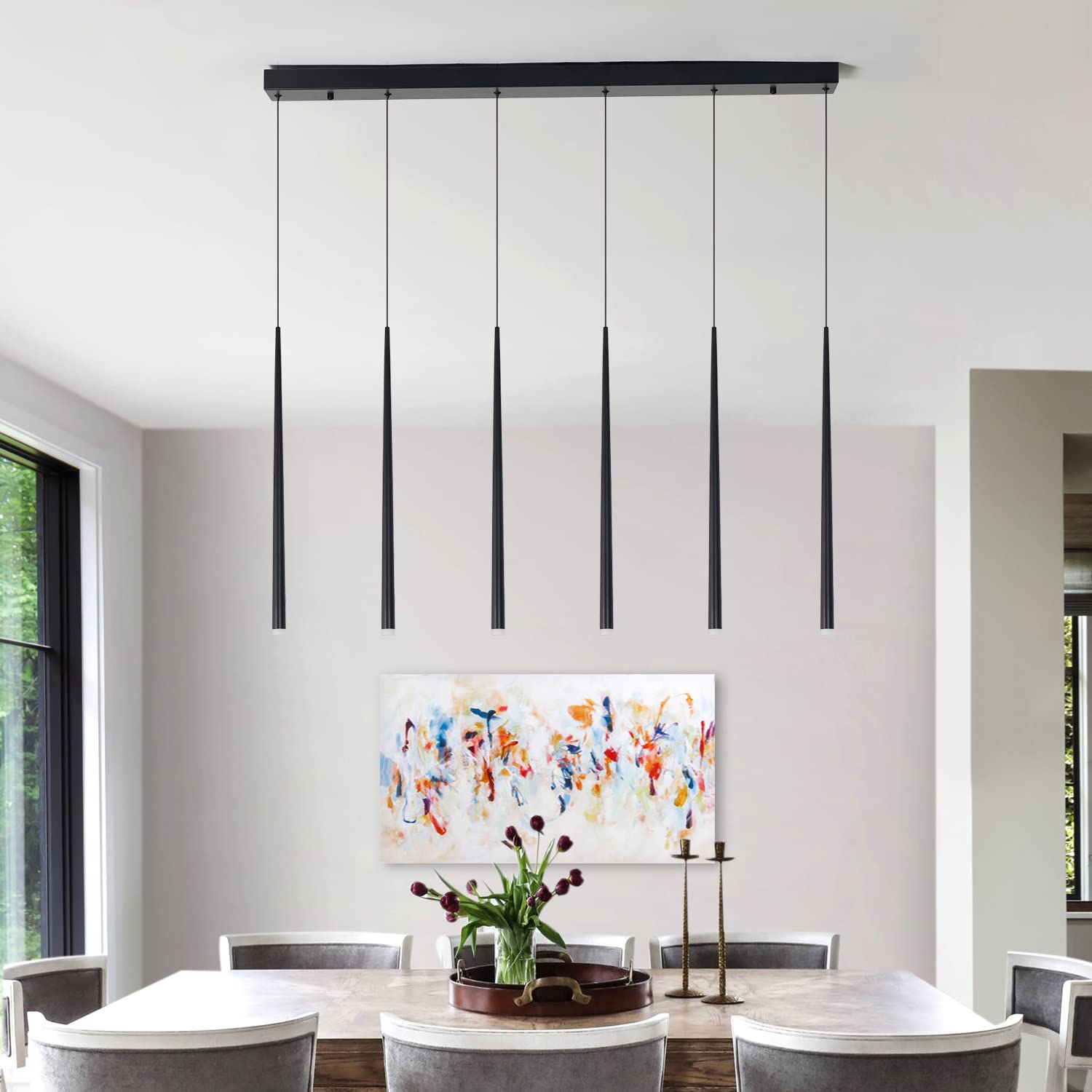 Modern Pendant for Kitchen Island, Linear Chandelier 6 Lights Cluster Bar for Dining Room, Black Warm White Dimmable