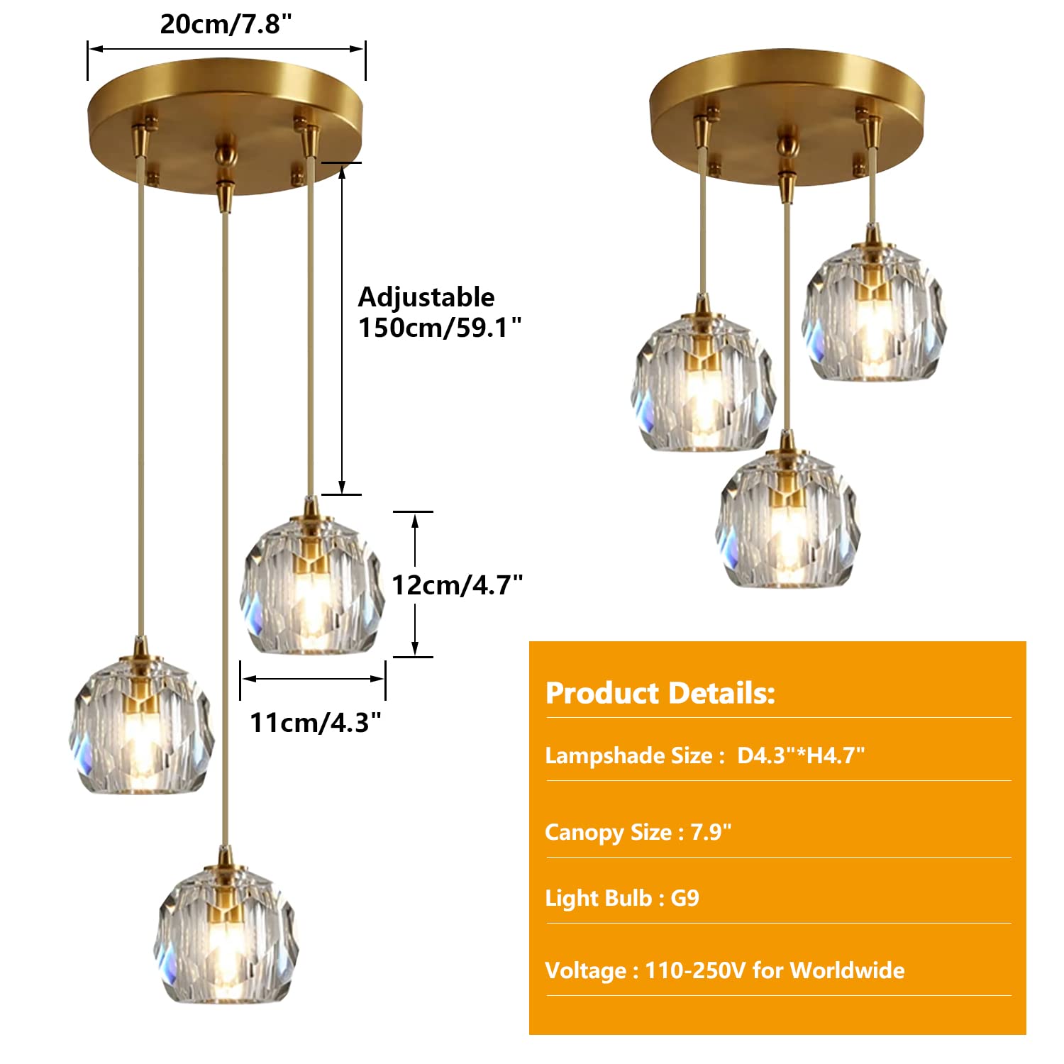 3-Light Cluster Pendant Lighting Crystal Chandelier Gold Hanging Pendant Light Fixture Mid Century Modern Multi Light Pendant Lighting for Dining Room Kitchen Island Bedroom