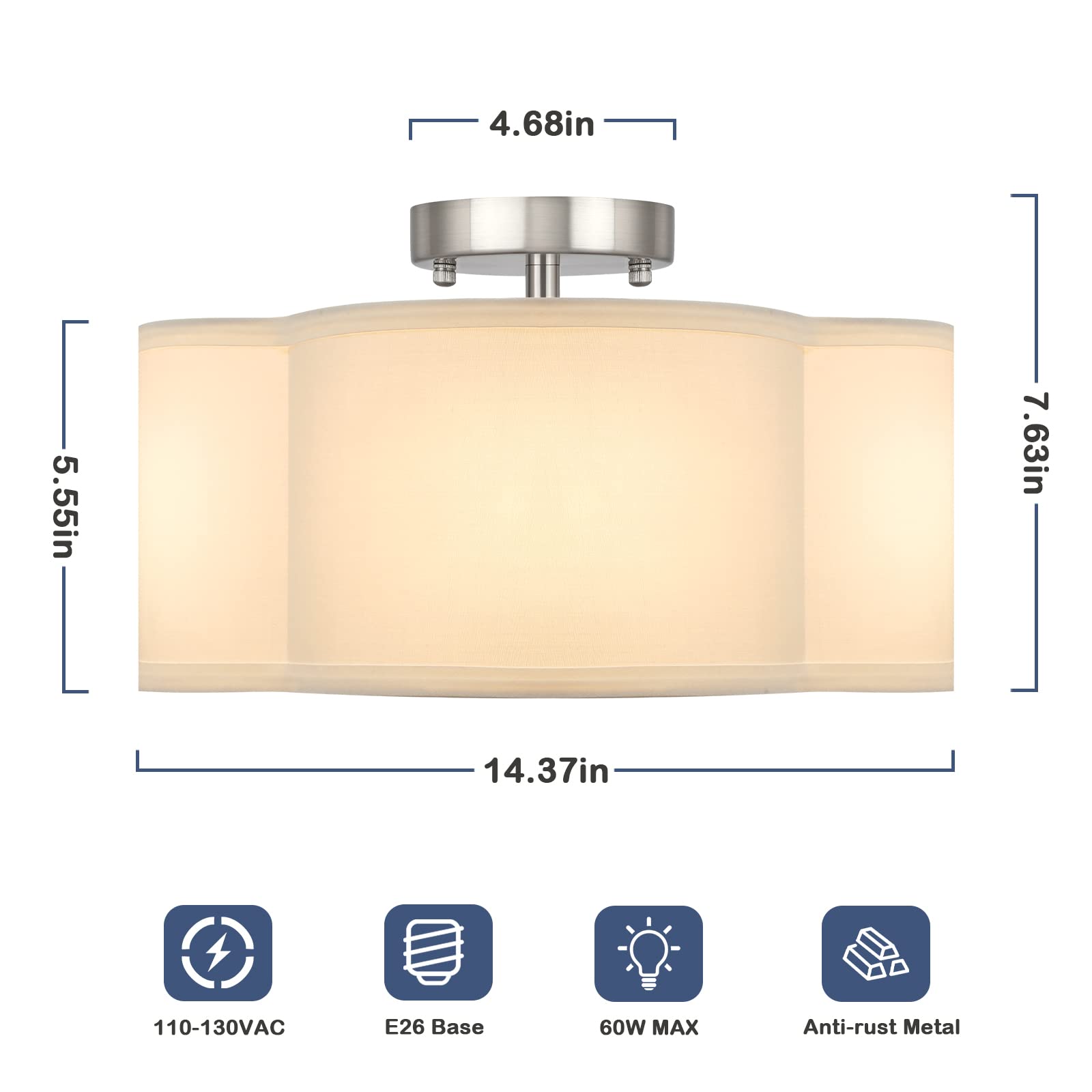 4-Light Semi Flush Mount Ceiling Light Fixture, Gold Modern Close to Ceiling Lamp with White Fabric Shade, Farmhouse Bright Lighting Brass Finish for Nursery Kids Room Bedroom Kitchen Hallway Entryway