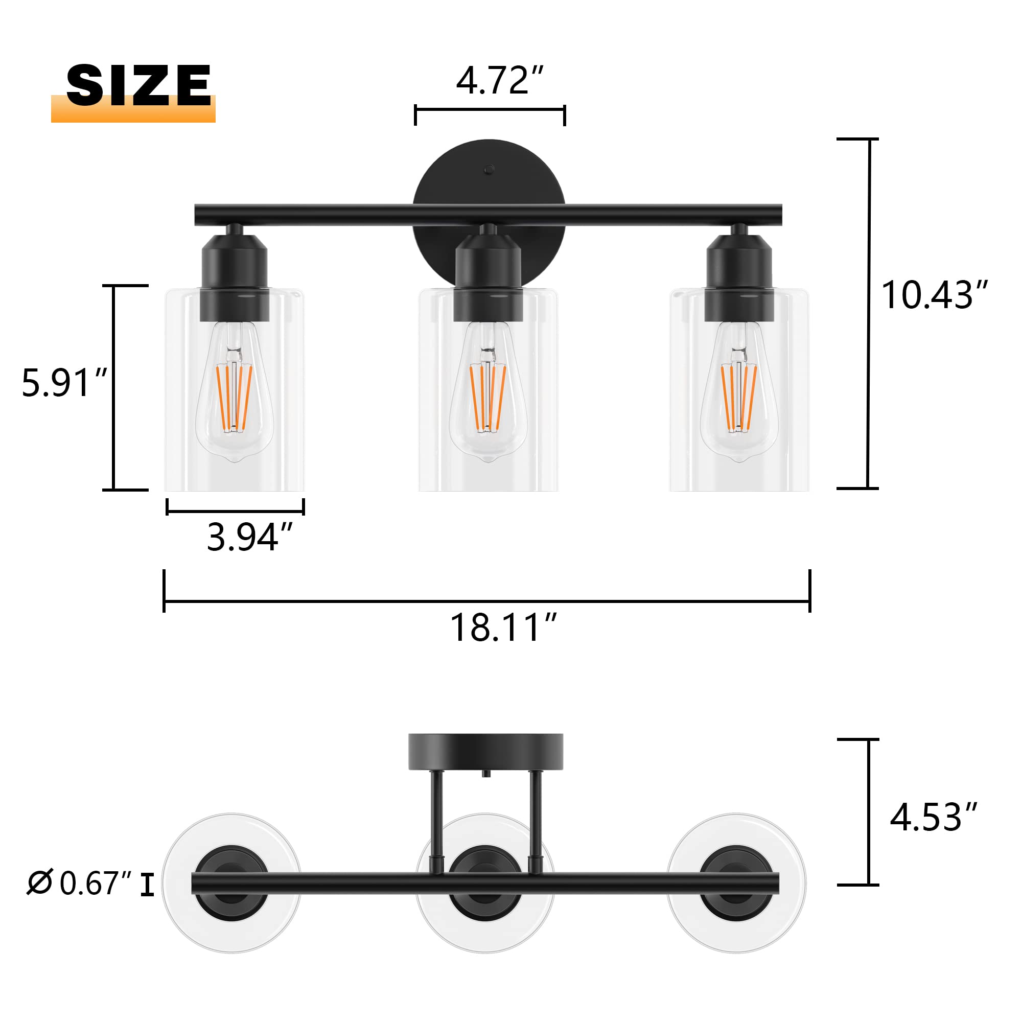 Bathroom Vanity Light Fixtures Matte Black Bathroom Lighting Fixture, 3 Lights Bathroom Light Fixture Over Mirror, Modern Black Vanity Light, UL Certified Wall Sconces with Glass Shades