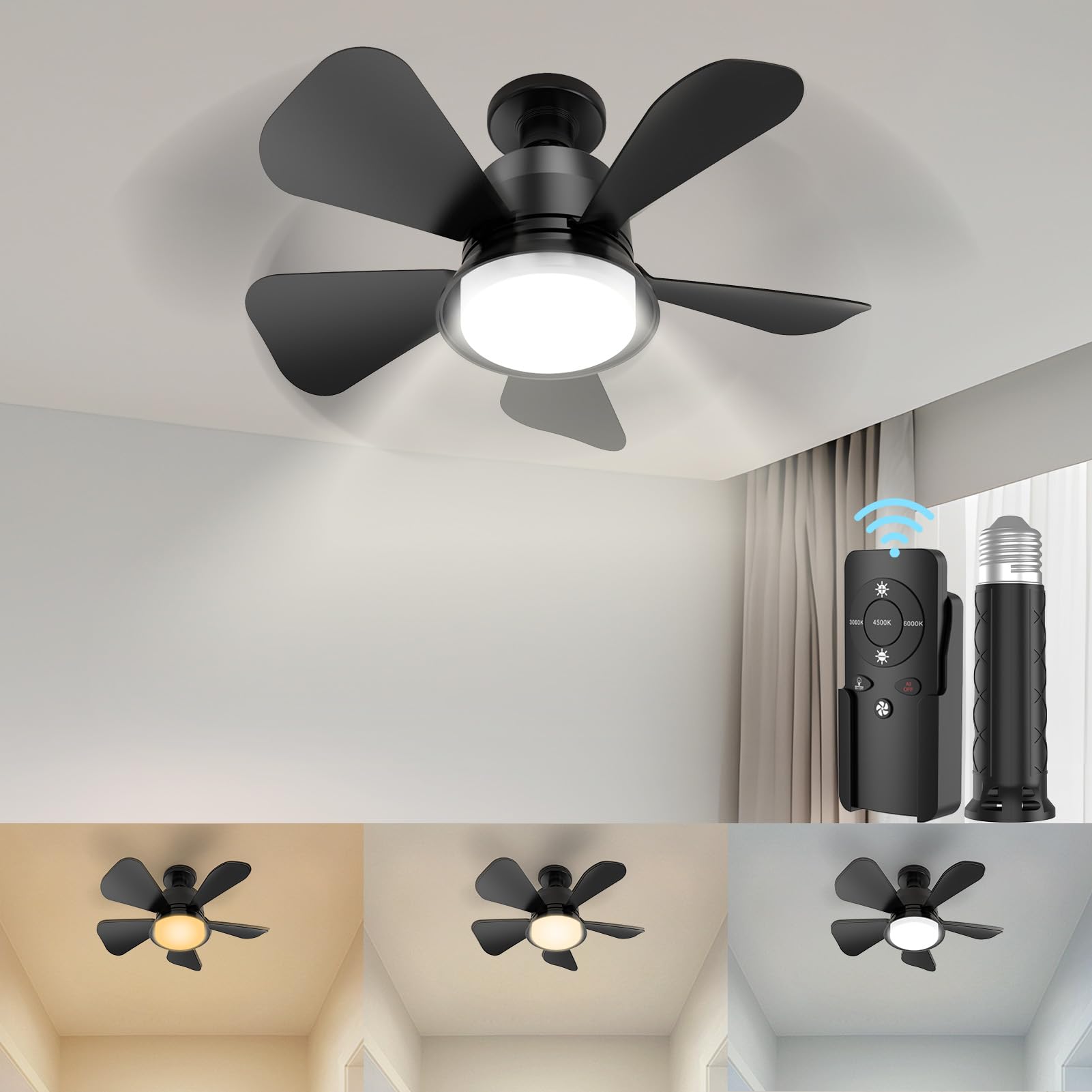 Ceiling Fans with Lights, Socket Fan Light with Remote, 3 Colors 5 Brightness Dimmable LED Ceiling Fan with Lights, 3 Wind Speeds Quiet Ceiling Fan for Bedroom Living Room Kitchen Home Indoor