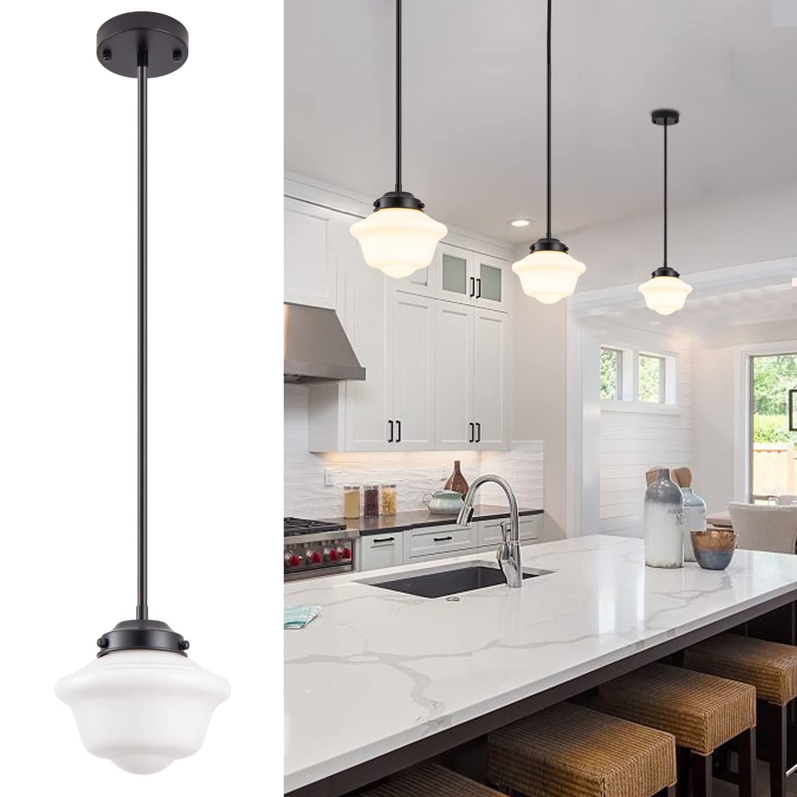 Pendant Lighting Black, 8" Milk Glass Pendant Light Shade, Farmhouse Ceiling Pendant Light Fixture with Adjustable Rods for Living Room Kitchen Dining Room Hallway Island