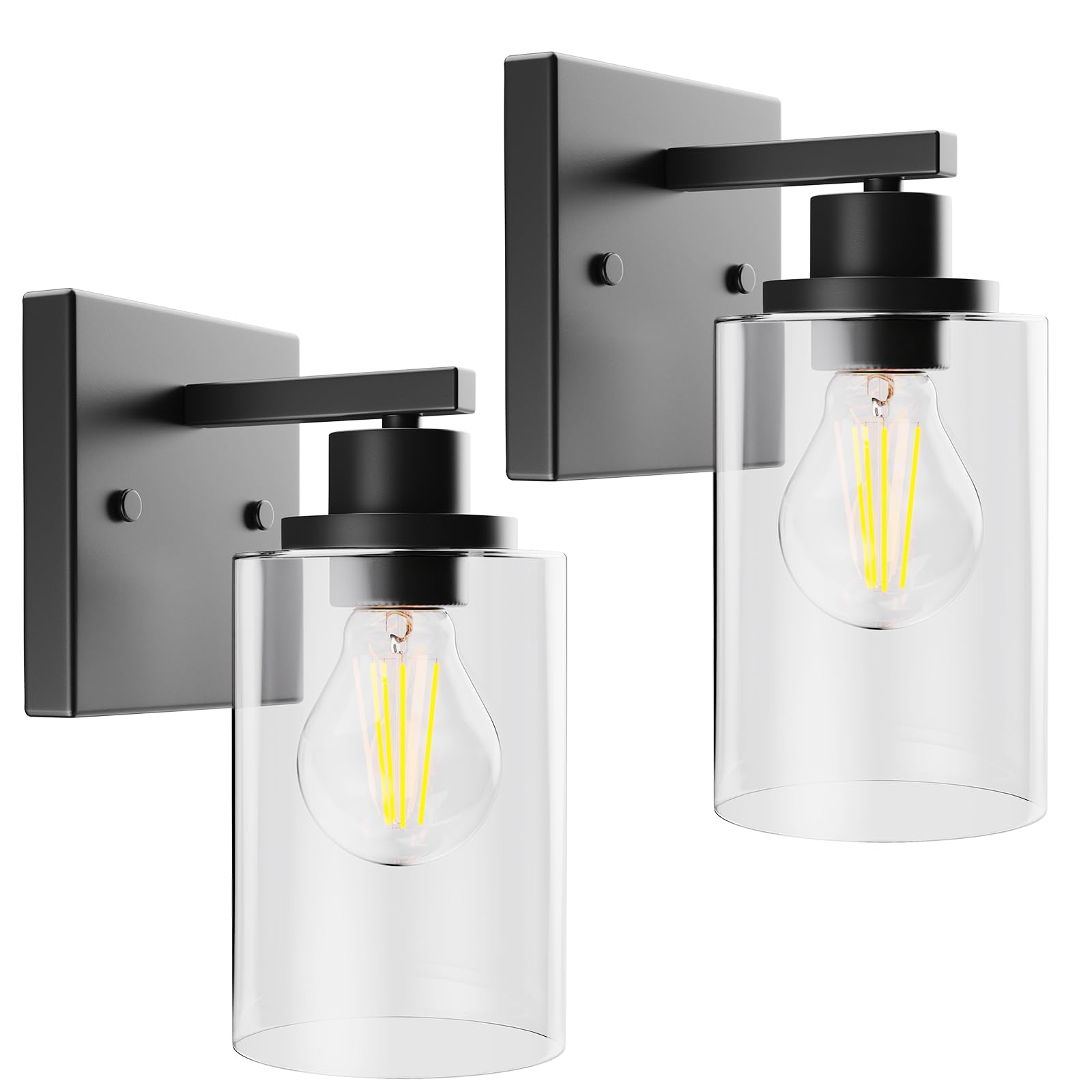 Wall Sconces Set of 2 Modern Vanity Lights with Double Clear Glass Shade Matte Black Indoor Farmhouse Wall Lights for Bathroom Living Room Bedroom Hallway Bulb E26 Base (Bulbs Not Included)