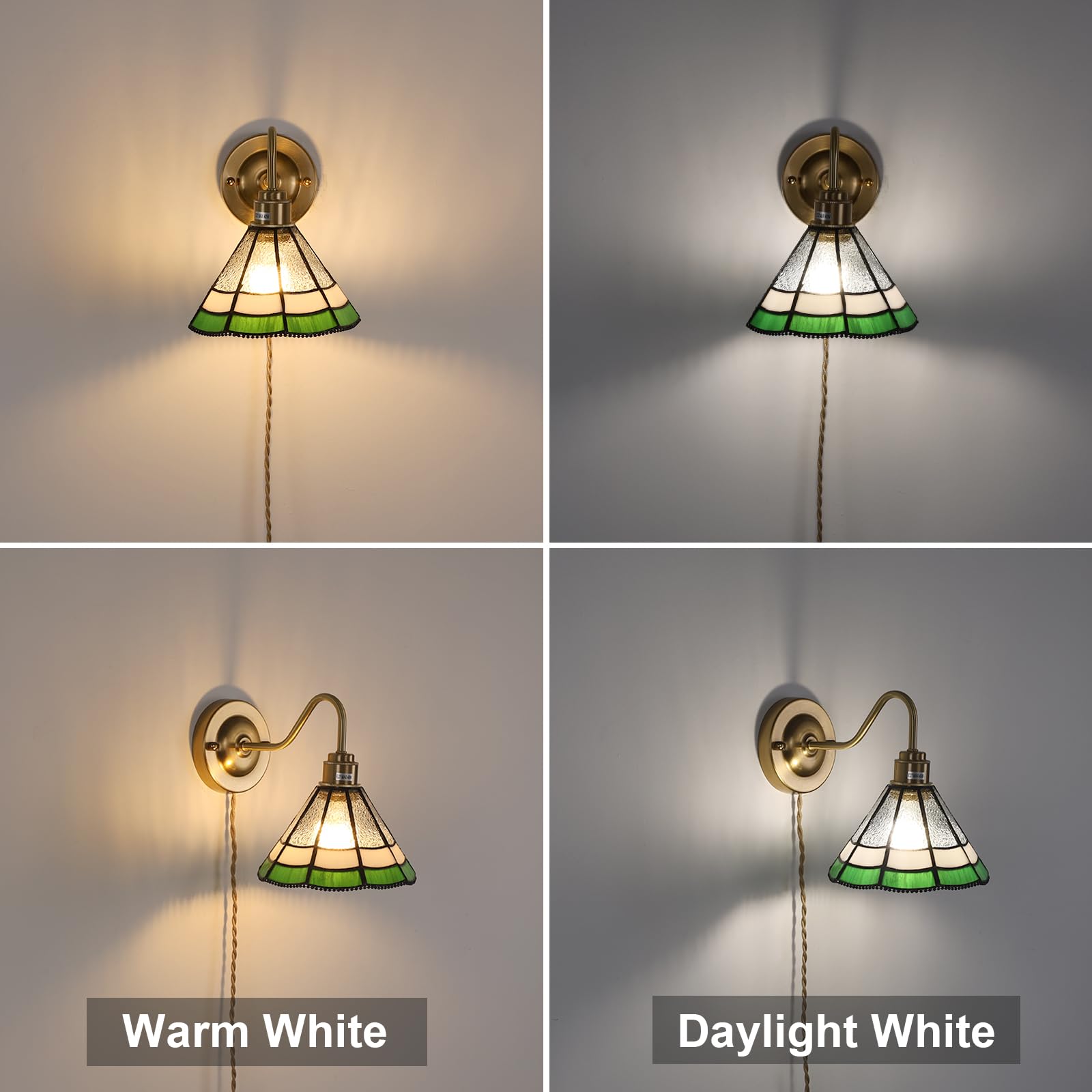 Wall Sconce, Wall Mounted Lamps with Green Checker Sconce, Stained Glass Shade Brass Wall Lights Fixture with Plug in Cord and Switch for Bedroom Bathroom Living Room Hallway