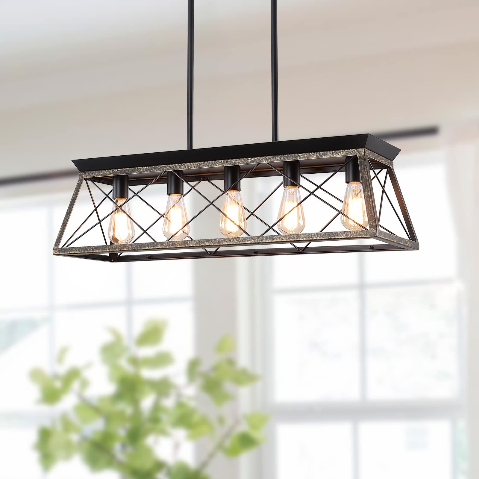 Farmhouse Chandeliers for Dining Room, Rustic Kitchen Island Light Fixture, 5-Light Linear Pendant Lighting Rectangular Chandelier, Metal Solid Ceiling Lights Black