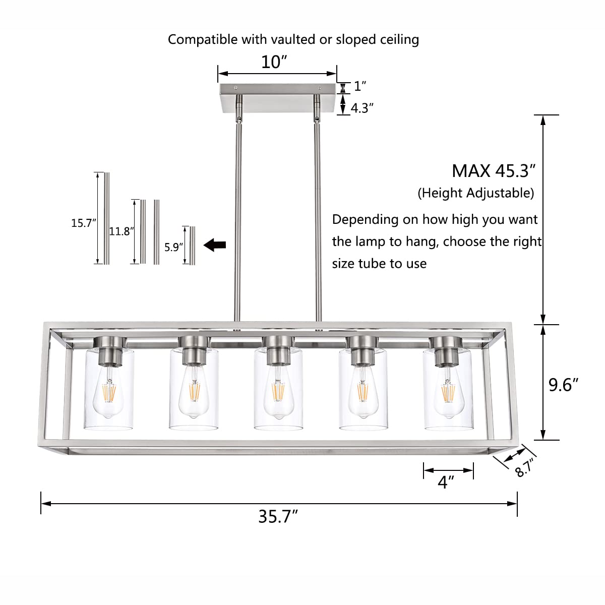 Farmhouse Chandelier for Kitchen Island, Matte Black 5-Light Dining Room Lighting Fixtures, Modern Rectangular Pendant Lighting Chandelier with Clear Glass Shade