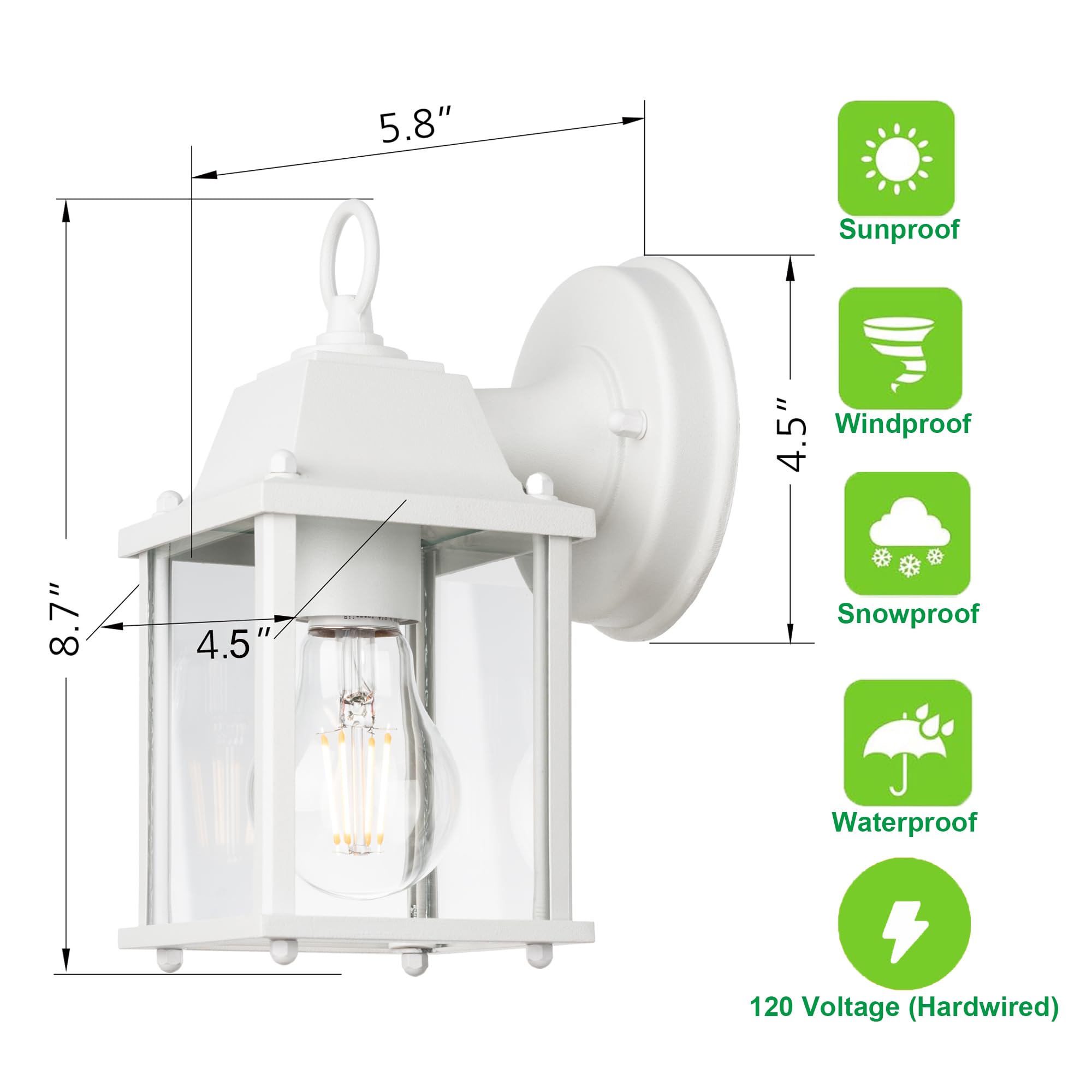 Outdoor Wall Lantern, Wall Sconce as Porch Lighting Fixture, E26 Base 60W Max., Aluminum Housing Plus Glass, Water-Proof and Outdoor Rated, ETL Qualified, 2-Pack, White