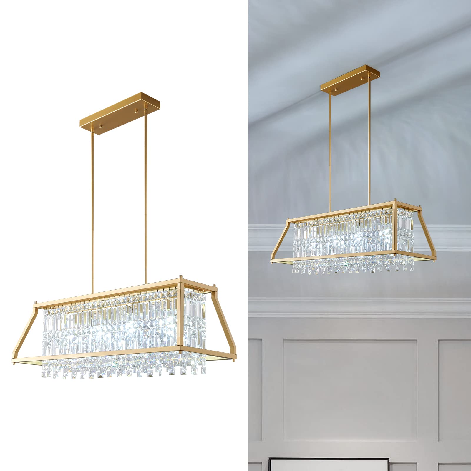 4-Light Dining Room Light Fixture 11.81 inch Square Lndustrial Farmhouse Chandelier Gold Metal Crystal Pendant Light for Kitchen Island Dining Room Living Room Flat and Inclined Ceiling