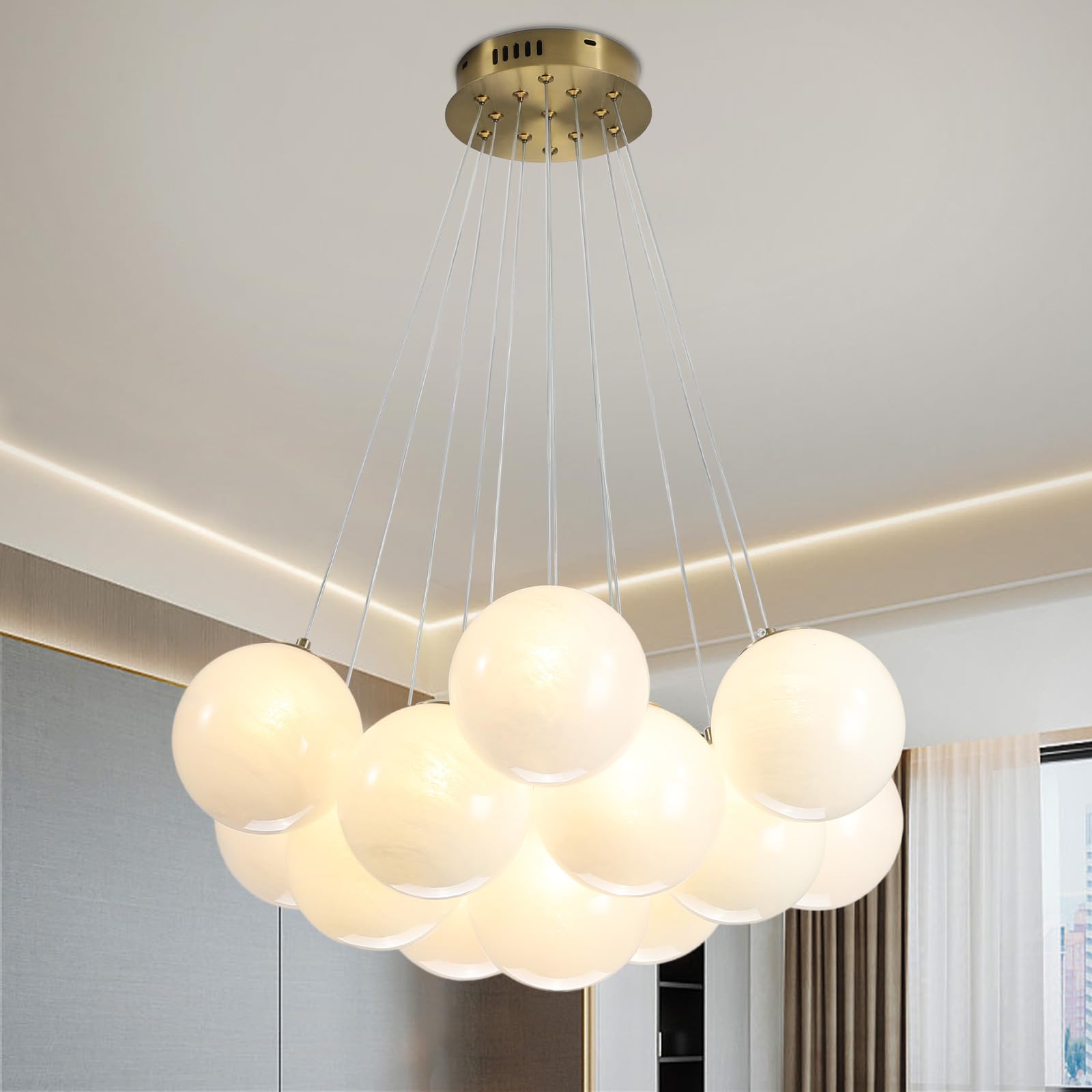 23" Bubble Globe Chandelier, 13-Light Globe Chandelier Light Fixture, Pendant Light Fixture with Milky White Glass Big Balls for Bedroom Dining Room Living Room(G9 Bulbs Included, UL Listed)