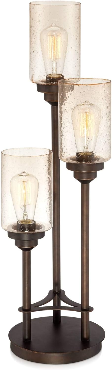 Modern Industrial Rustic Farmhouse Table Lamp 30" Tall Full Size Bronze Metal 3-Light LED Amber Seeded Cylinder Glass for Living Room Bedroom House Bedside Nightstand